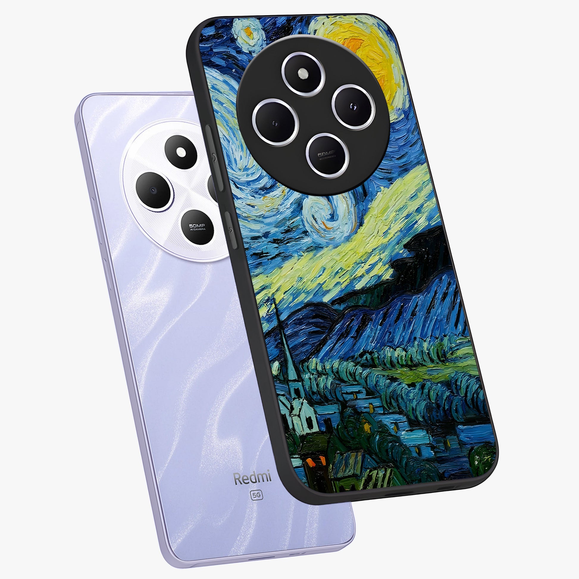 Van Gogh Art Glass Case displayed in angled mockup highlighting swirling brushstroke design with artistic aesthetic.