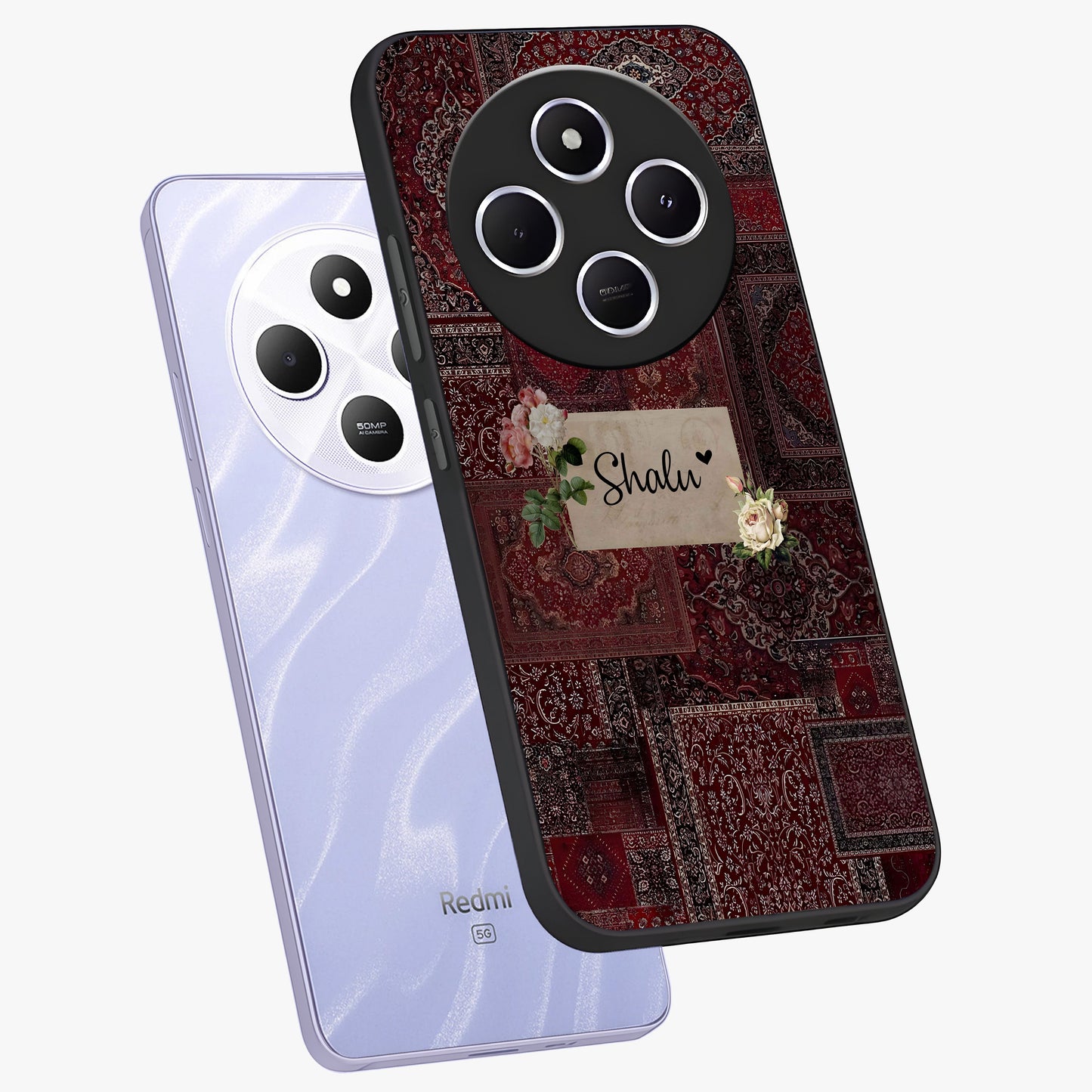 Velvet Wine Pattern Custom Name Glass Case displayed in angled mockup highlighting decorative velvet inspired design with custom name feature.