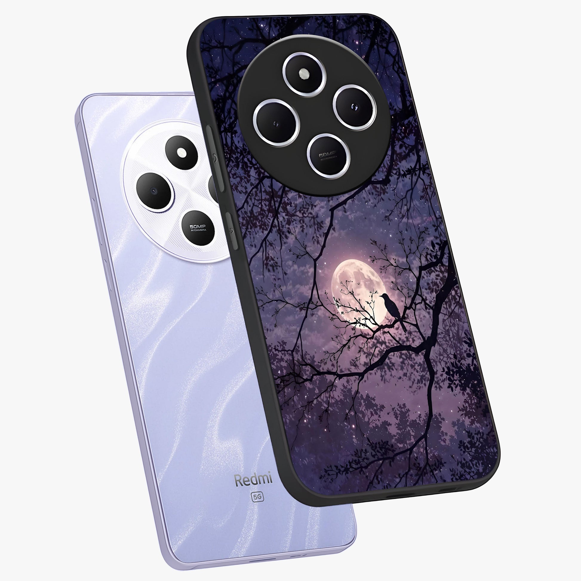 Whispering Moon Silence Glass Case displayed in angled mockup highlighting calm lunar design with dreamy night aesthetic.