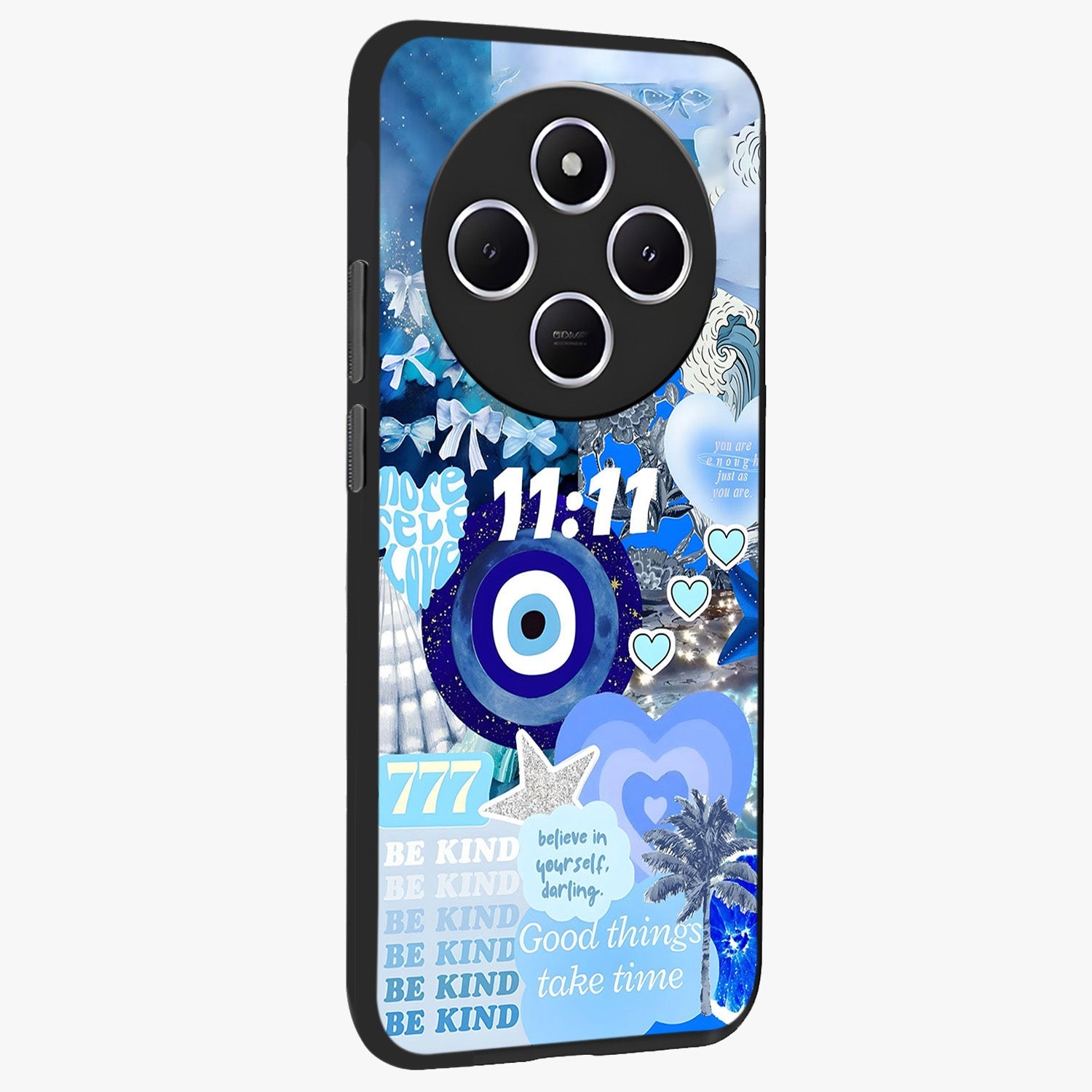 Aesthetic Be Kind Eye Glass Case upright view showcasing stylish eye illustration with positive message theme.