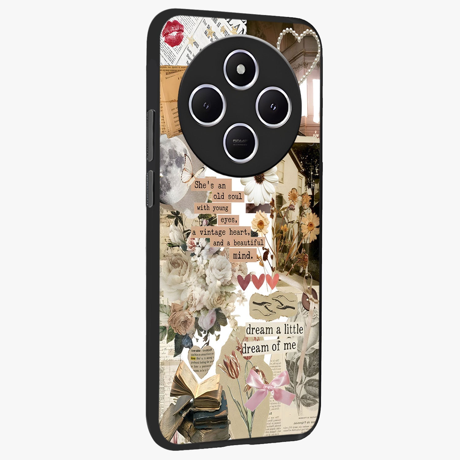 Aesthetic Brown Vintage Collage Glass Case upright view showcasing nostalgic retro artwork with stylish vintage theme.