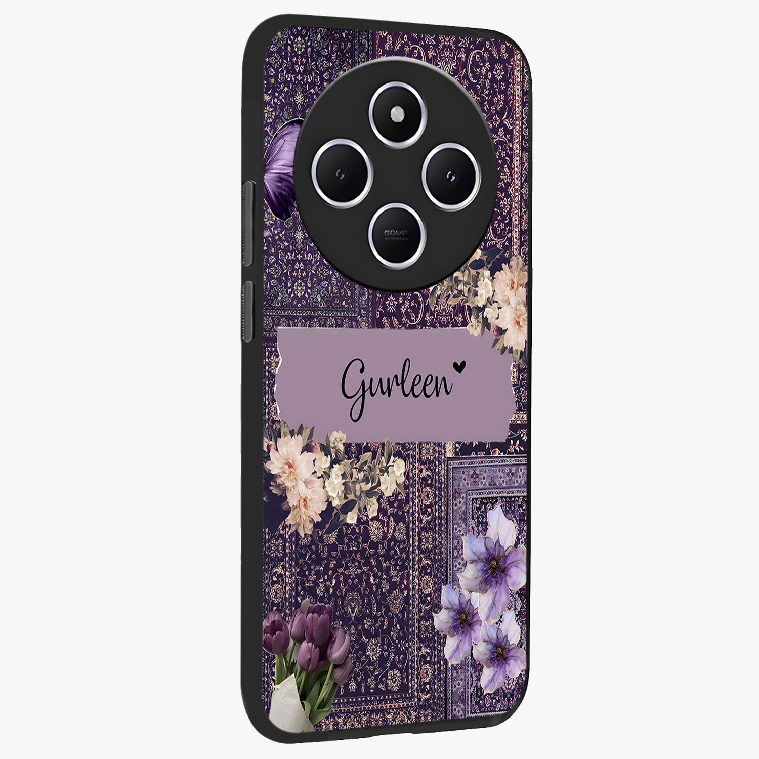 Antique Floral Whisper Custom Name Glass Case upright view showcasing delicate floral artwork with custom name feature.