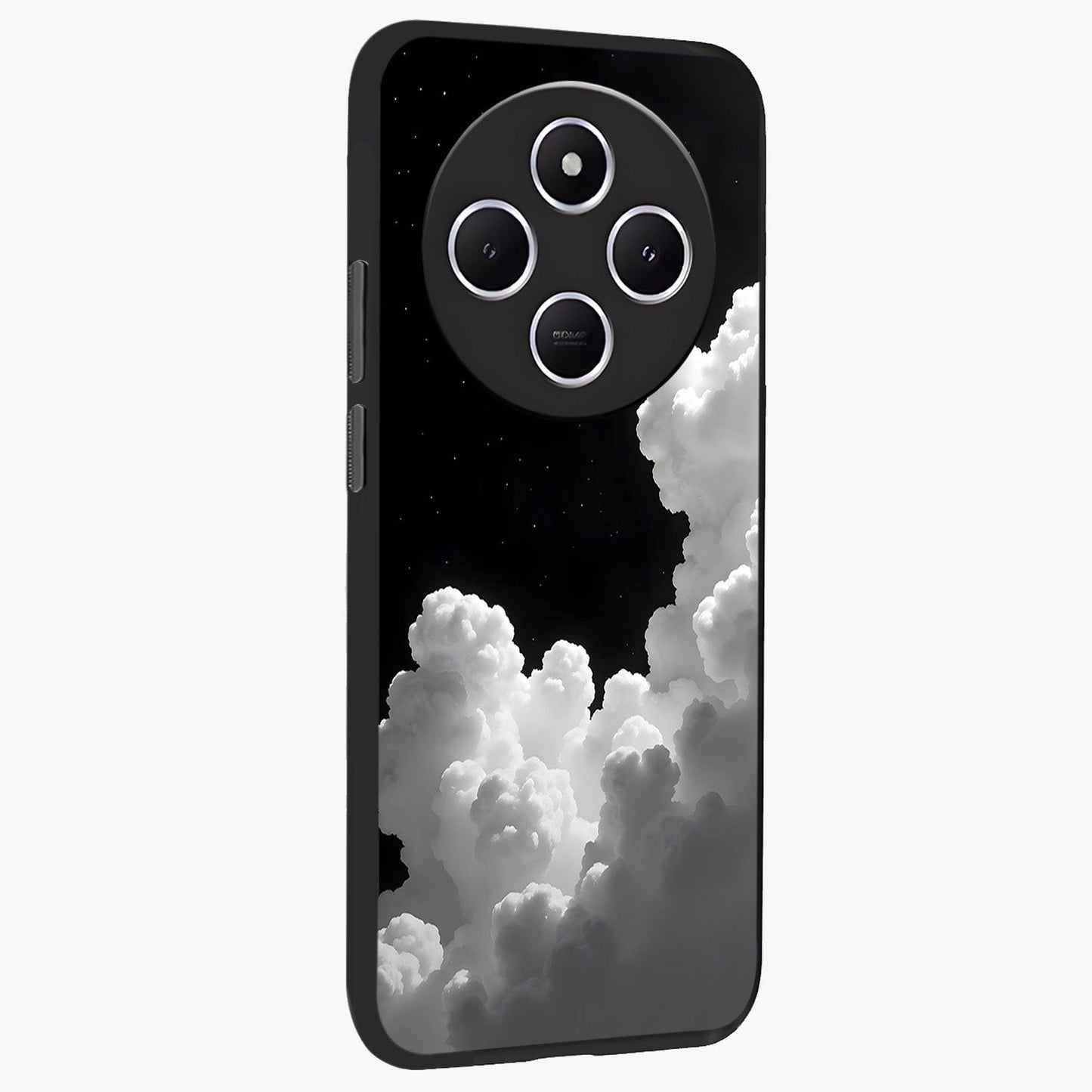 Black Background With White Cloud Glass Case upright view showcasing calm cloud aesthetic with modern minimal style.