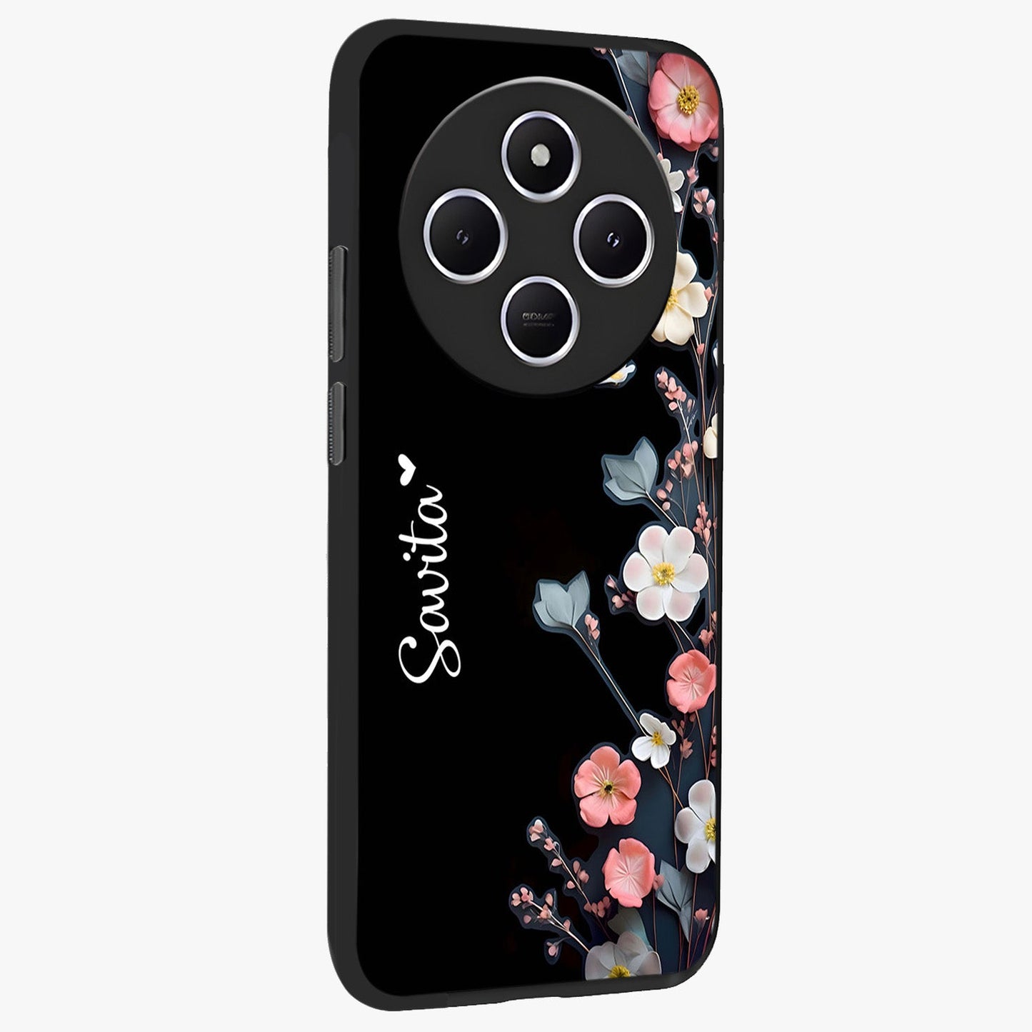 Black Elegance Floral Custom Name Glass Case upright view showcasing luxurious black floral design with personalized name detail.