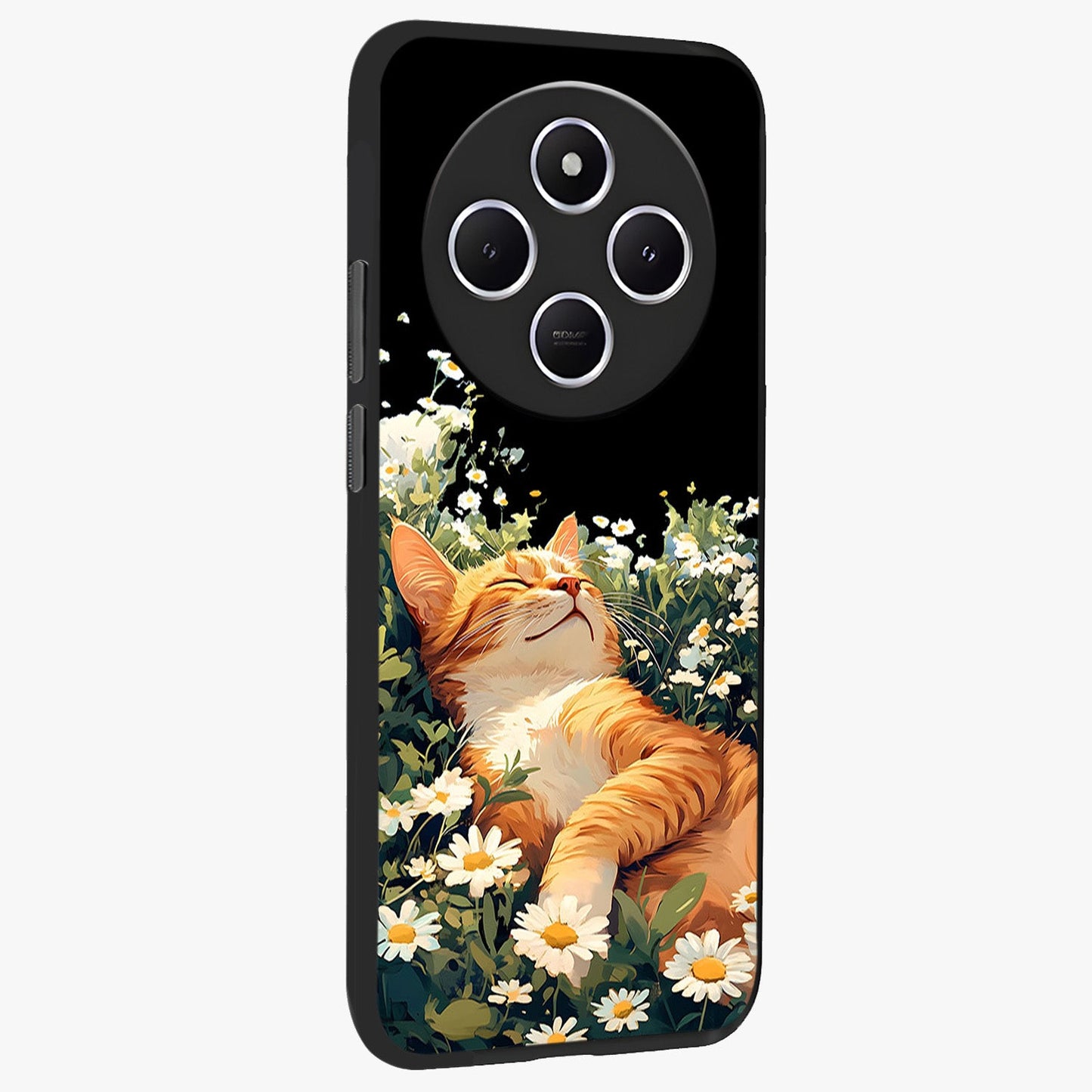 Blissful Bloom Cat Glass Case upright view showcasing charming cat design surrounded by blooming floral elements.