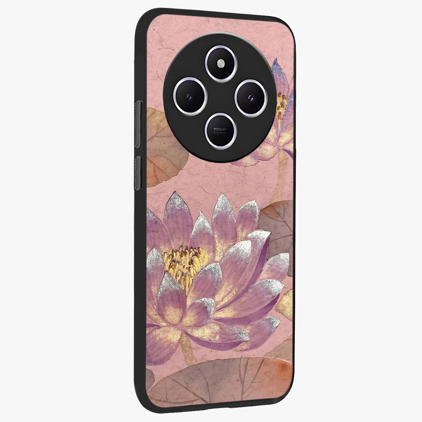 Blossom Mist Lotus Glass Case upright view showcasing graceful lotus flower design with peaceful botanical style.