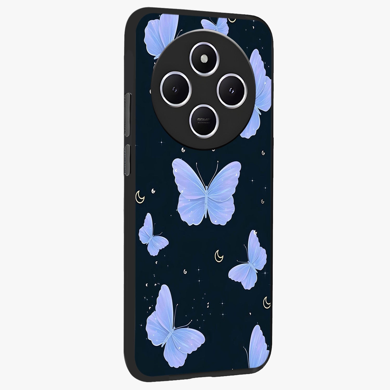 Butterfly With Stars Pattern Glass Case upright view showcasing celestial butterfly artwork with sparkling star elements.