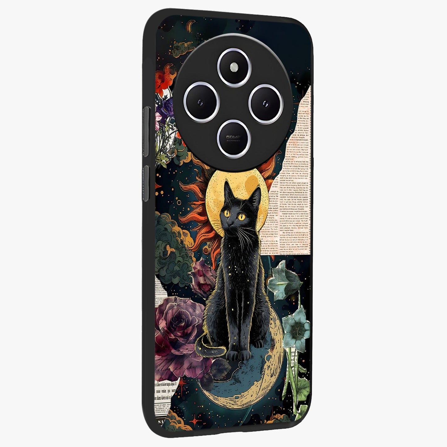 Celestial Black Cat Glass Case upright view showcasing magical black cat illustration with starry cosmic theme.