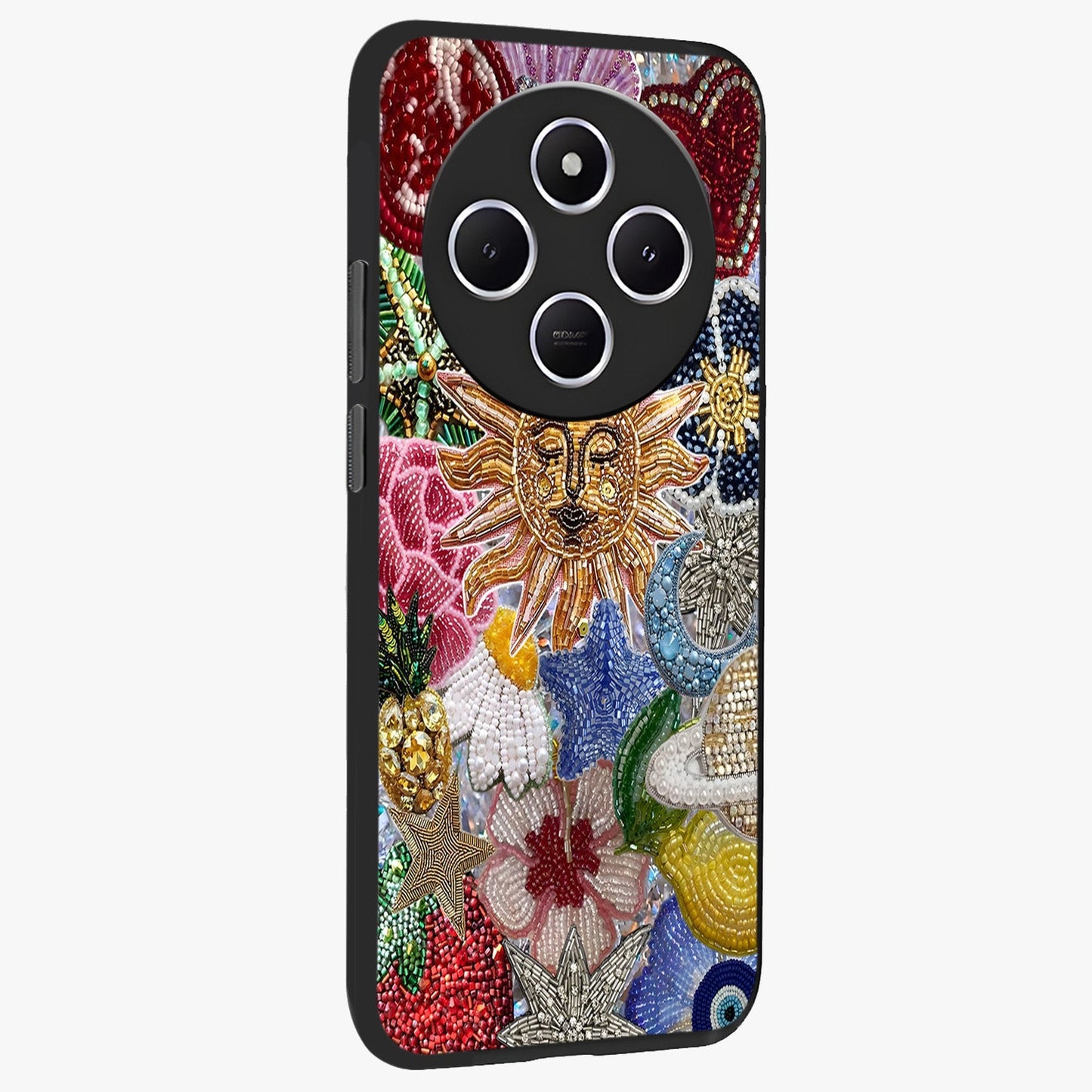 Celestial Floral and Playful Glass Case upright view showcasing whimsical floral artwork with cosmic aesthetic theme.