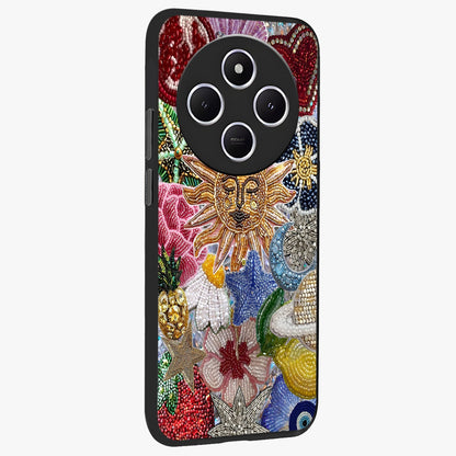Celestial Floral and Playful Glass Case upright view showcasing whimsical floral artwork with cosmic aesthetic theme.