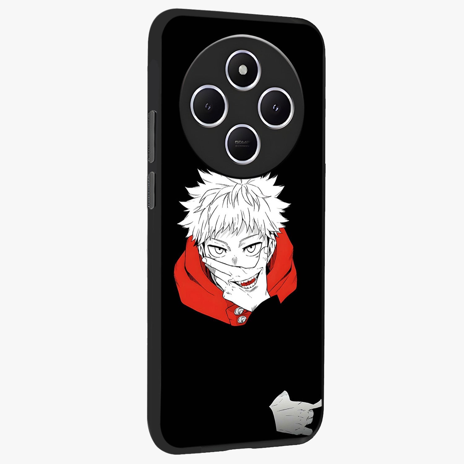 Crimson Chaos Smile Glass Case upright view showcasing expressive chaotic artwork with striking visual theme.