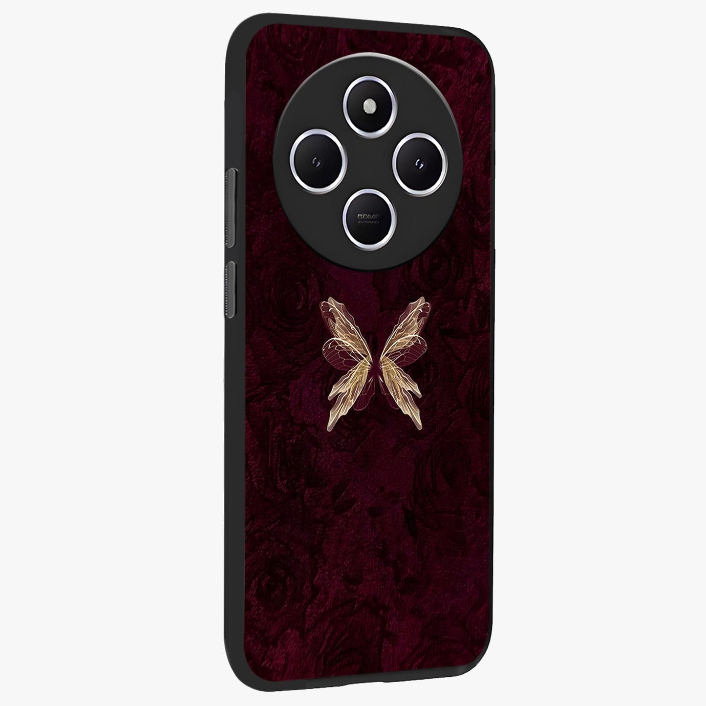 Crimson Fade Butterfly Glass Case upright view showcasing graceful butterfly artwork with soft crimson fade effect.