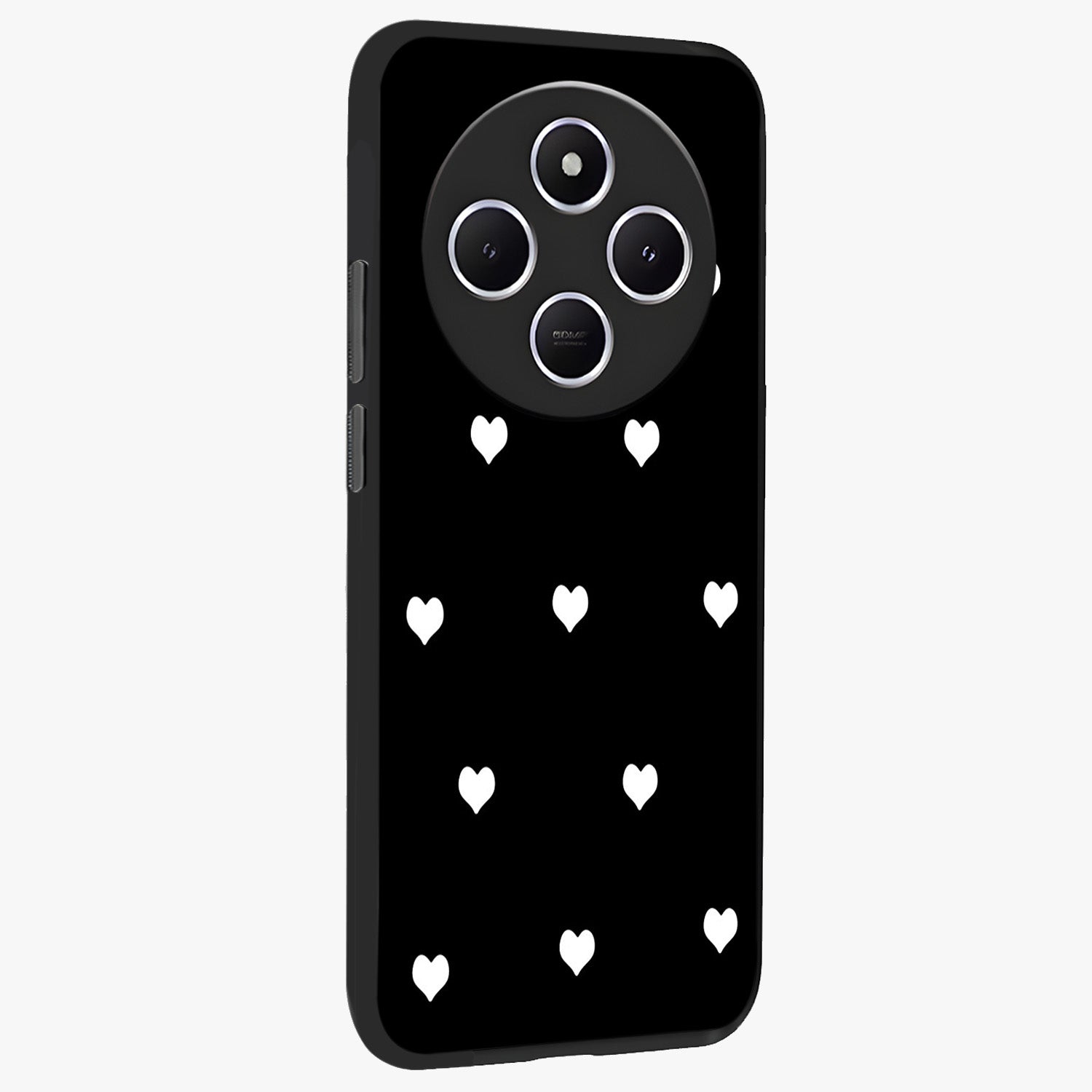 Cute And Simple White Hearts Glass Case upright view showcasing simple white hearts artwork with soft minimal theme.