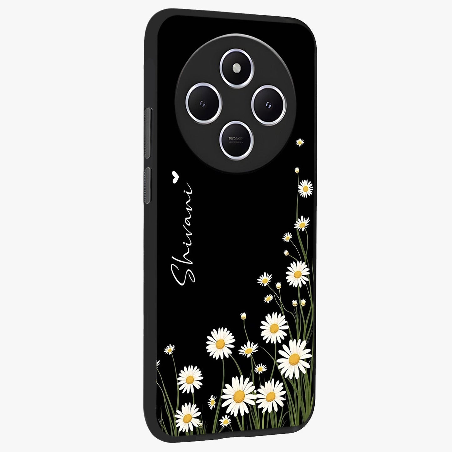 Daisy Cascade Custom Name Glass Case upright view showcasing elegant floral cascade design with personalized aesthetic.