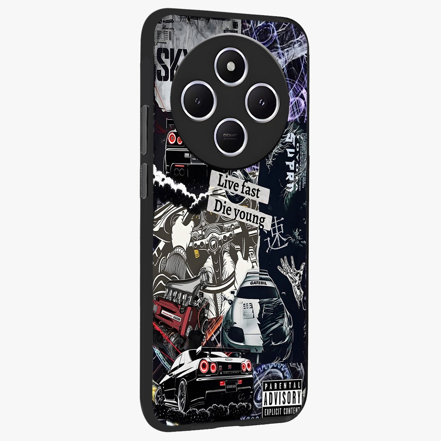 Die Young Glass Case upright view showcasing striking typography artwork with modern statement theme.