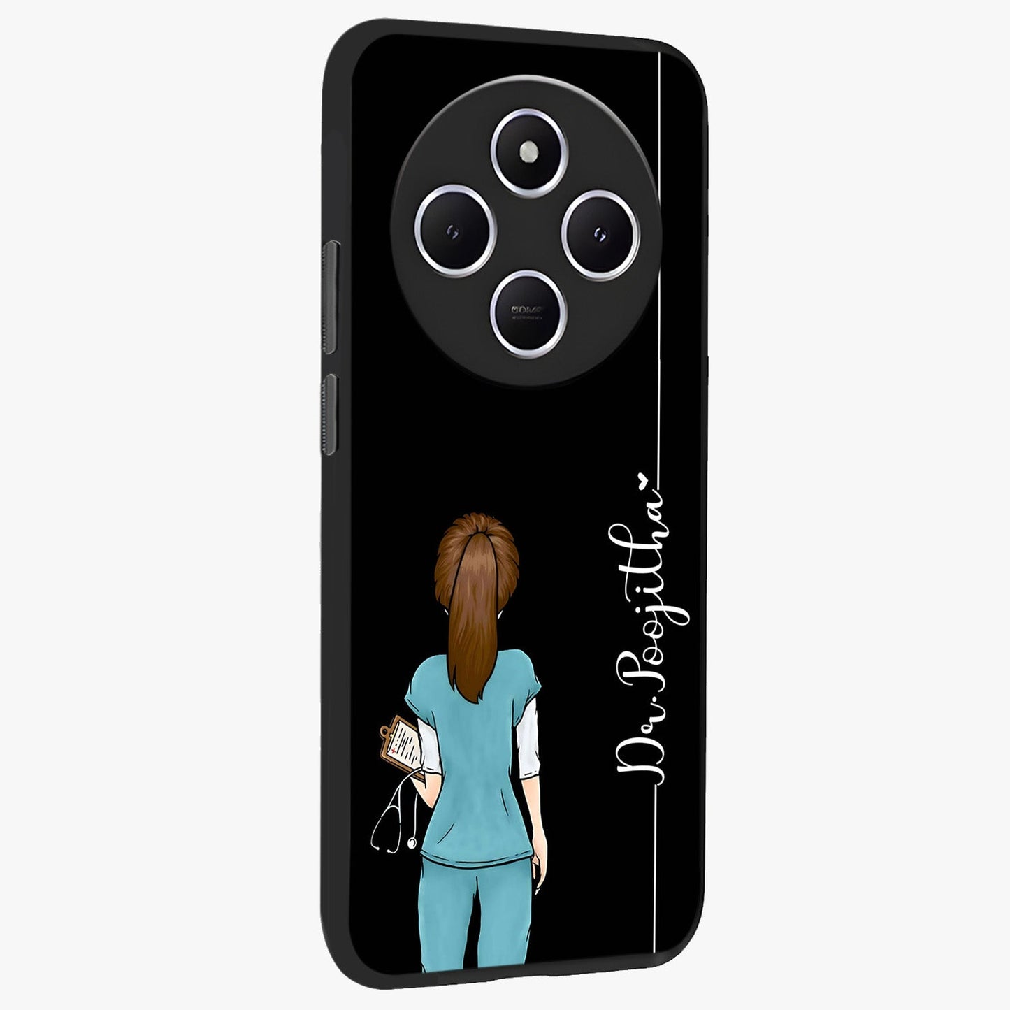 Doctor Pattern Custom Name Glass Case upright view showcasing healthcare themed design with personalized aesthetic.