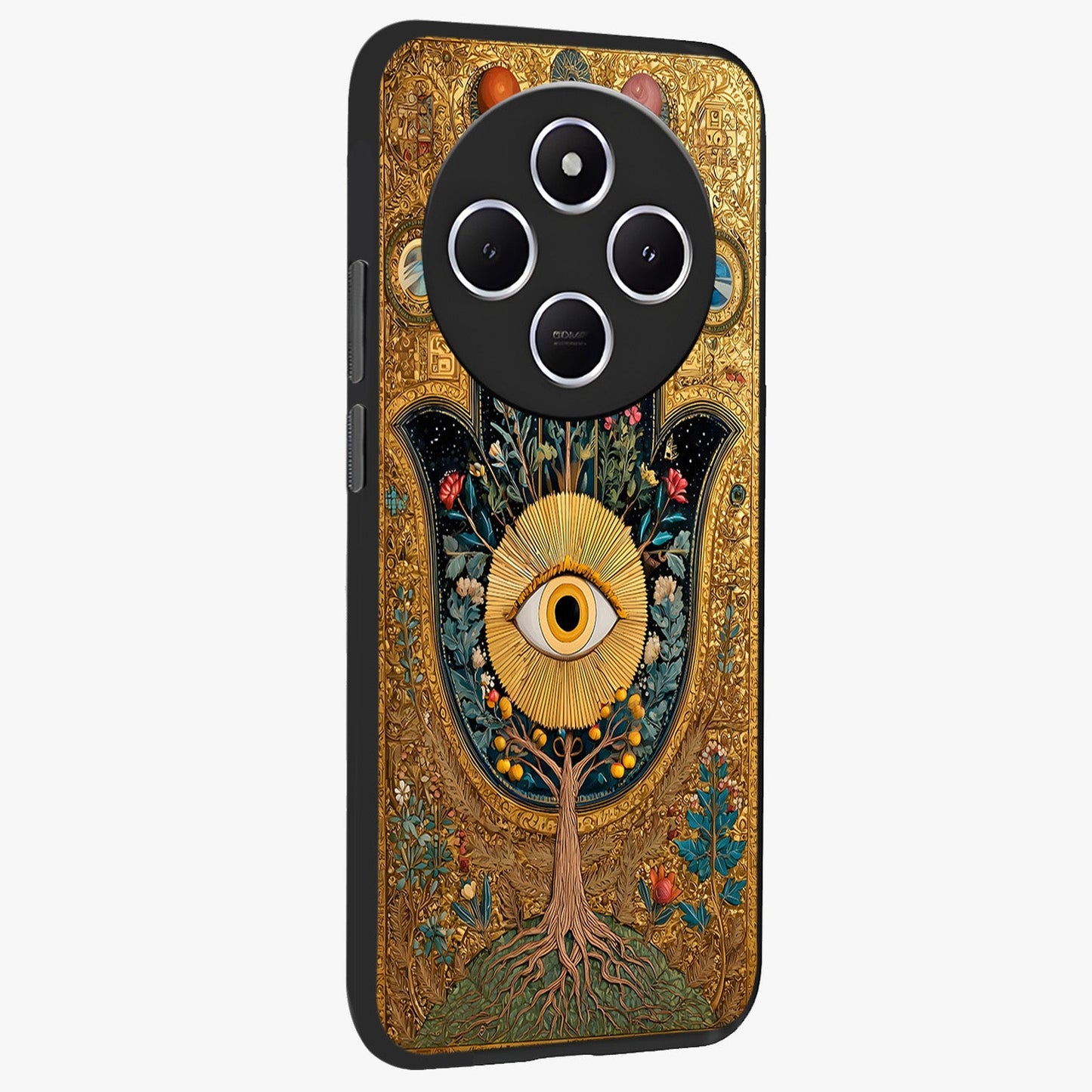 Ethereal Evil Eye Glass Case upright view showcasing celestial evil eye artwork with mystical theme.