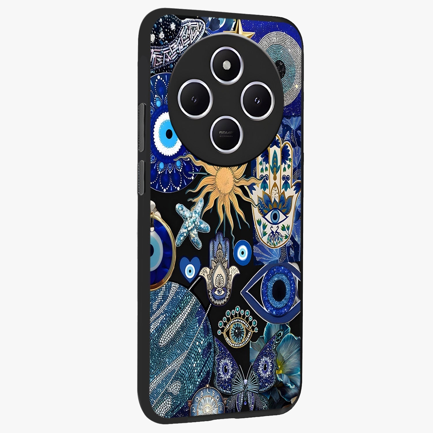 Evil Eye Charm Mix Glass Case upright view showcasing mystical evil eye pattern with vibrant decorative style.