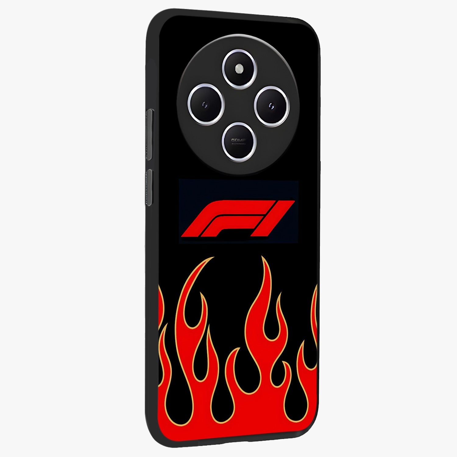 Fire F11 Glass Case upright view showcasing dynamic flame artwork with intense visual theme.