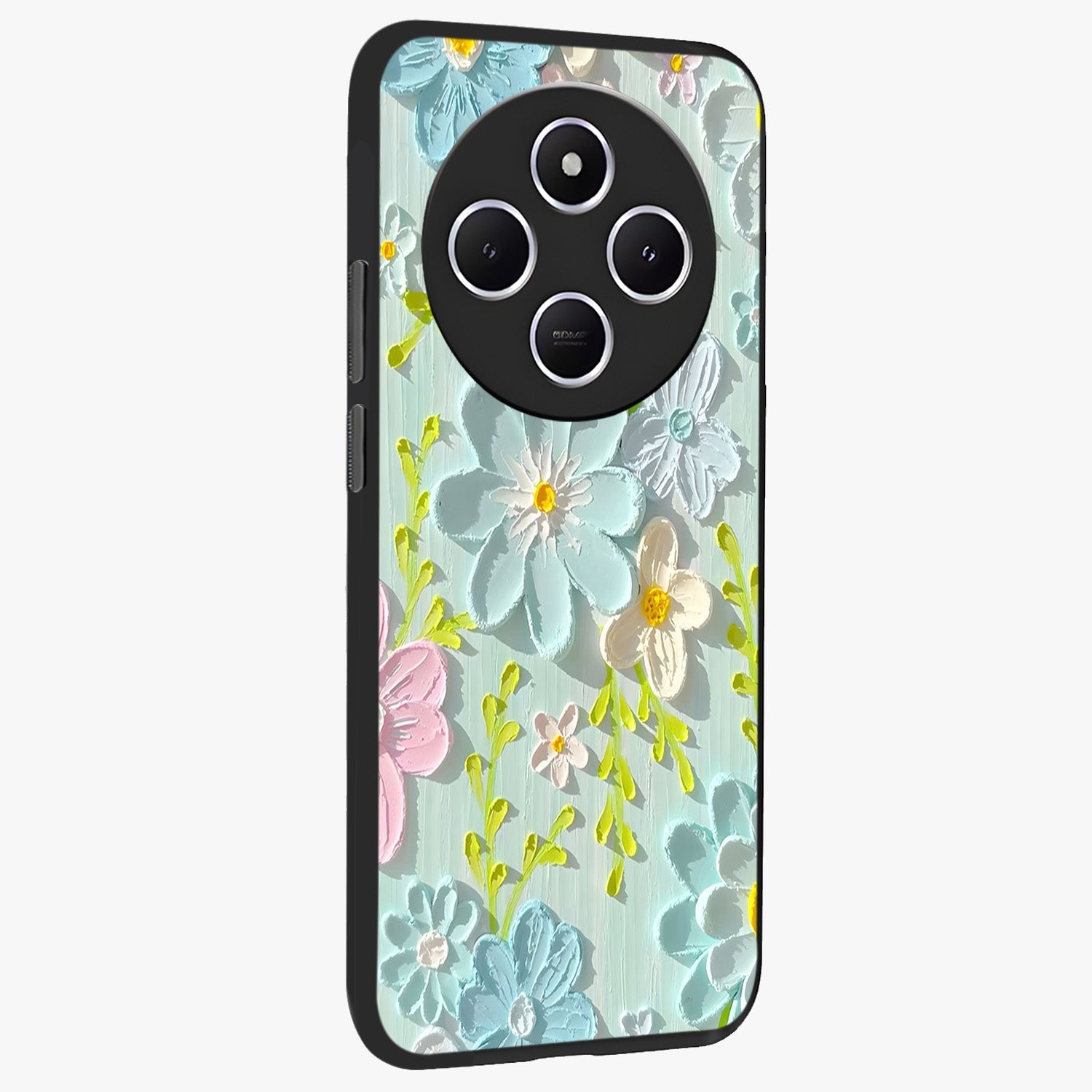 Frosted Petal Garden Glass Case upright view showcasing elegant floral garden artwork with soothing pastel theme.