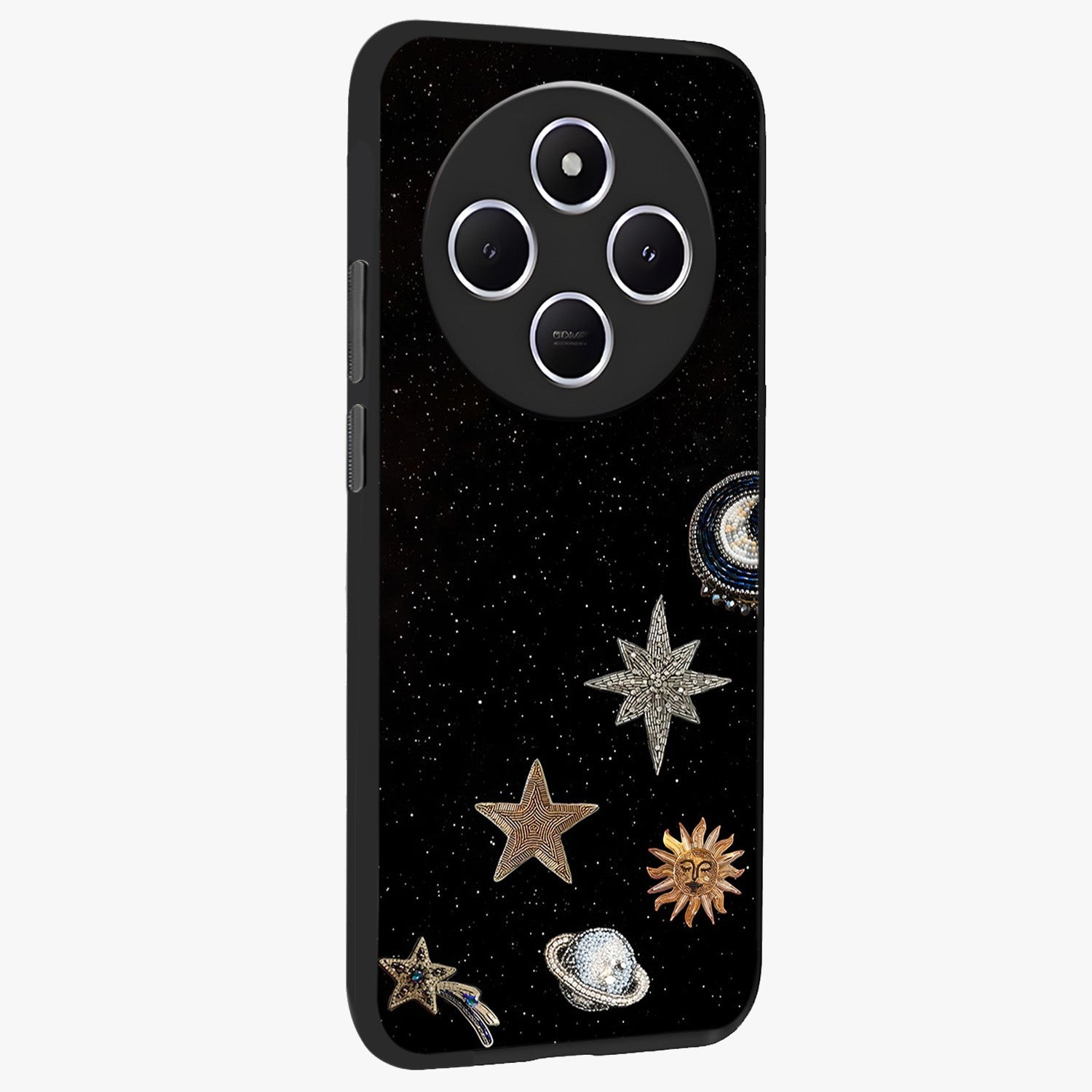 Galactic Charm Glow Glass Case upright view showcasing glowing cosmic charm artwork with magical celestial style.