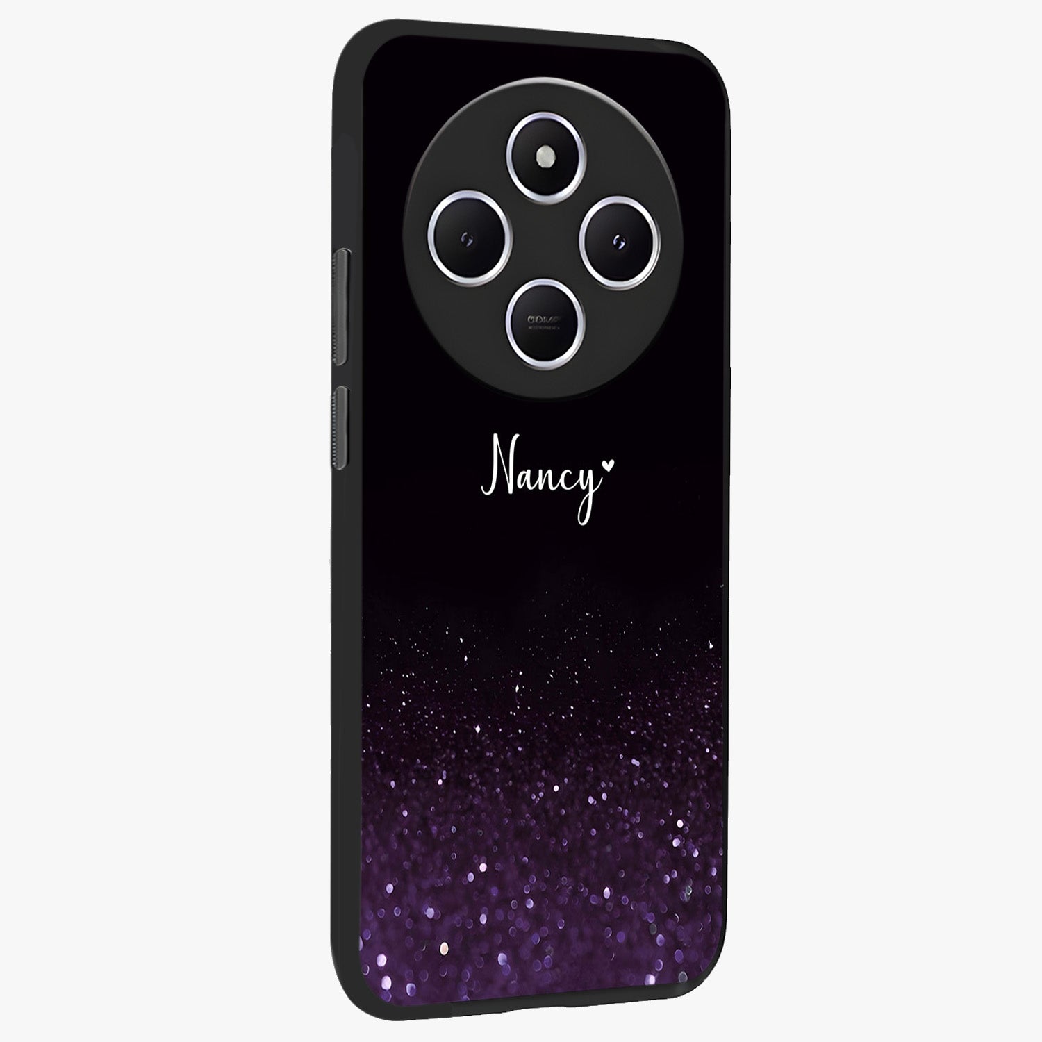 Glittery Purple Bokeh Custom Name Glass Case upright view showcasing vibrant purple sparkle artwork with personalized aesthetic style.