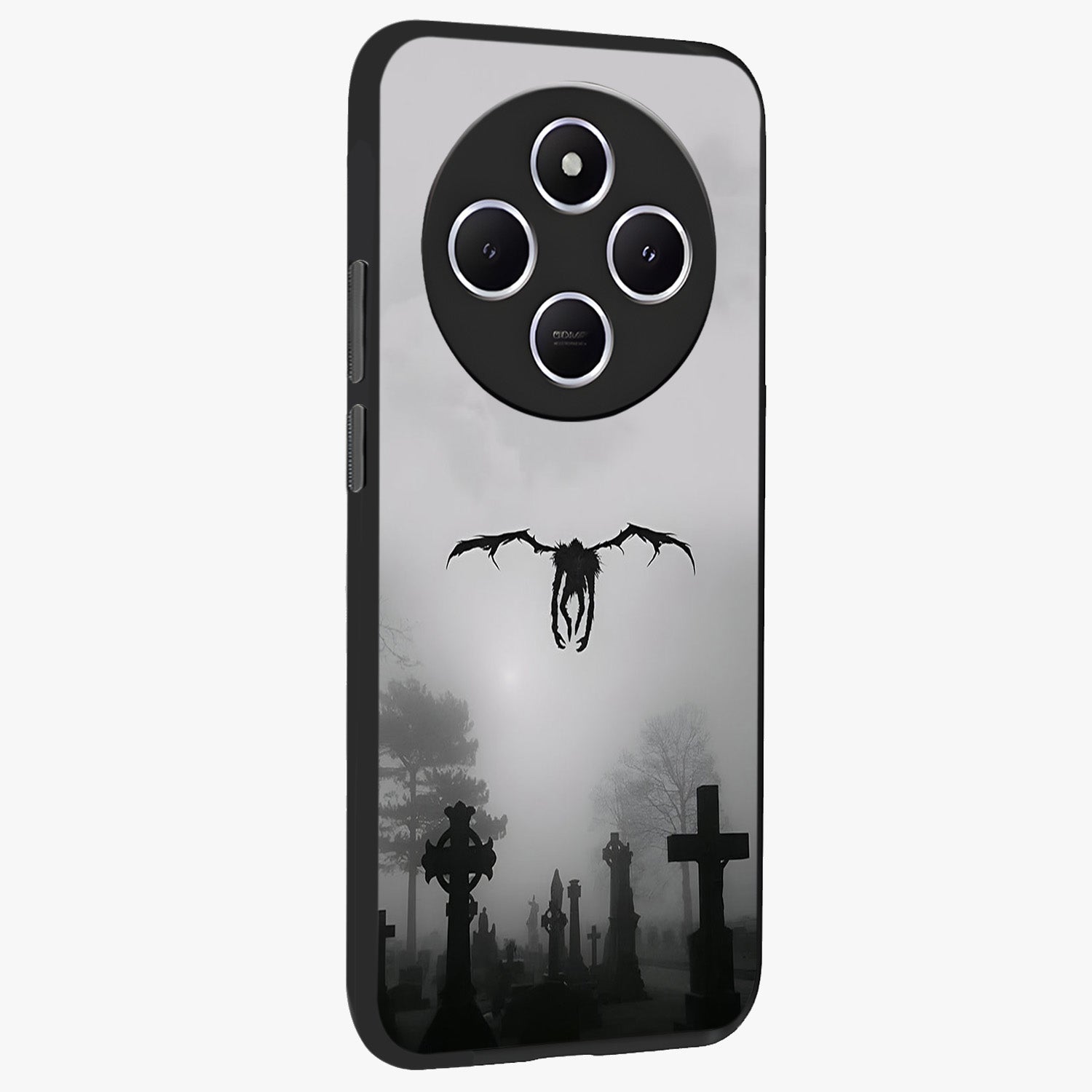 Graveyard Shadow Descent Glass Case upright view showcasing haunting graveyard artwork with dramatic dark theme.