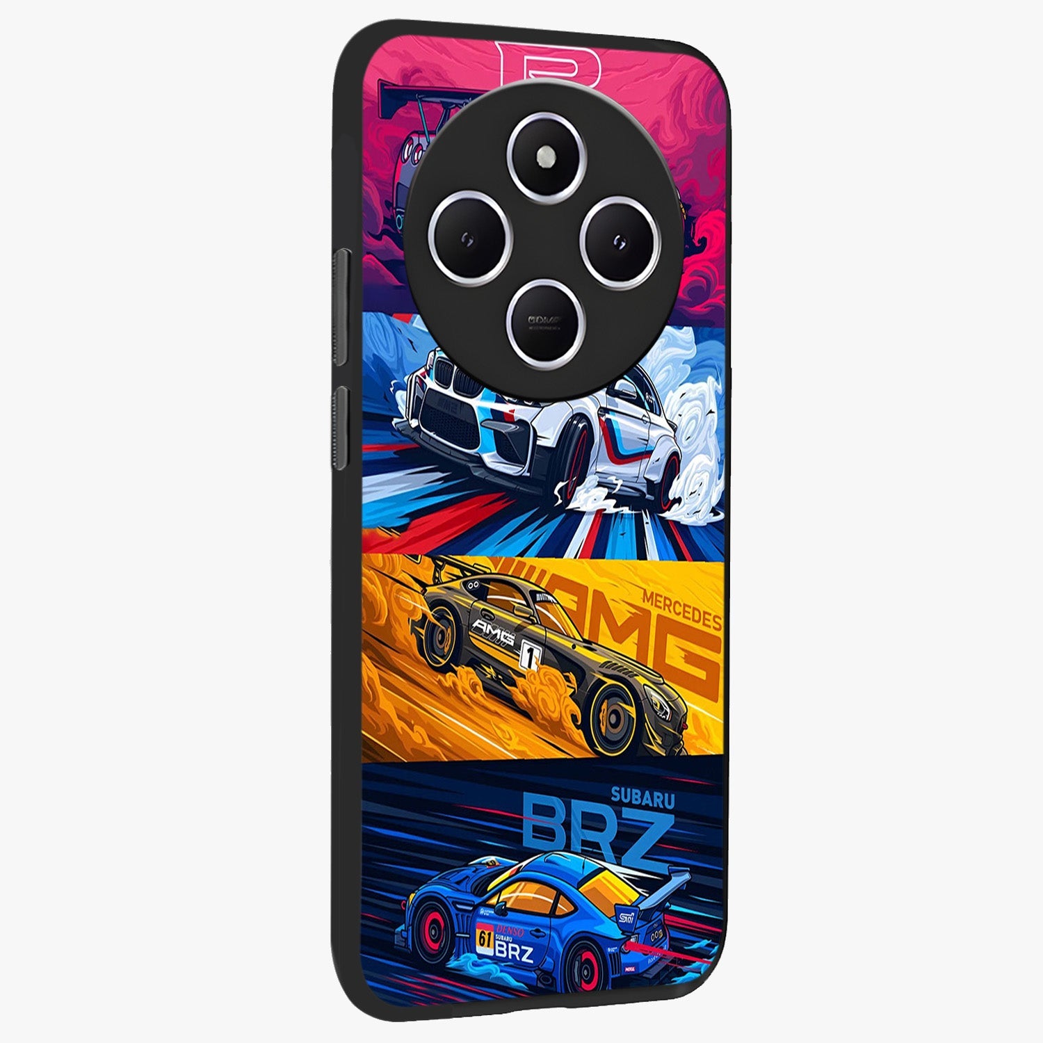 JDM Sports Car Glass Case upright view showcasing dynamic sports car artwork with bold racing theme.