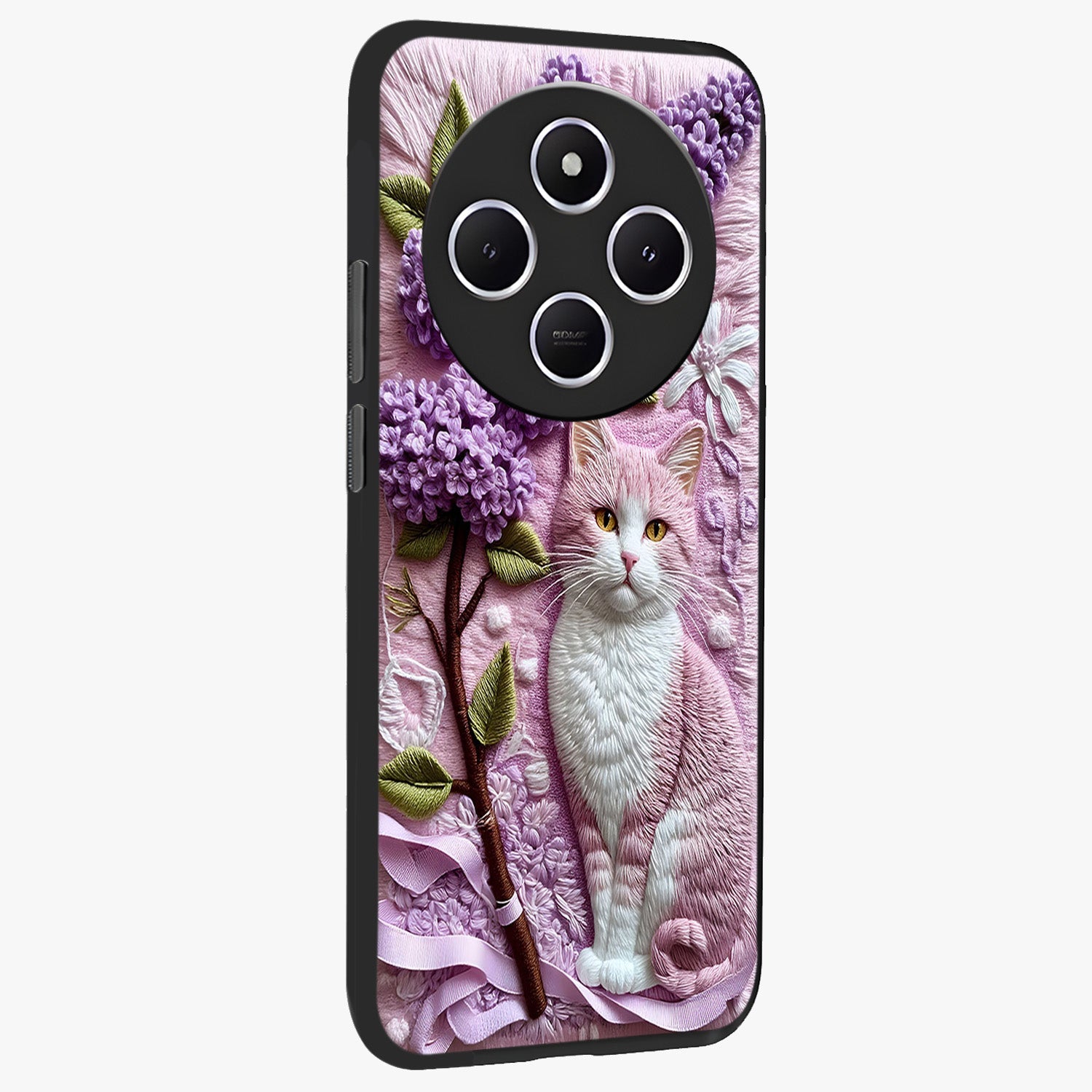 Lavender Cat Whimsy Glass Case upright view showcasing charming cat artwork with whimsical lavender theme.