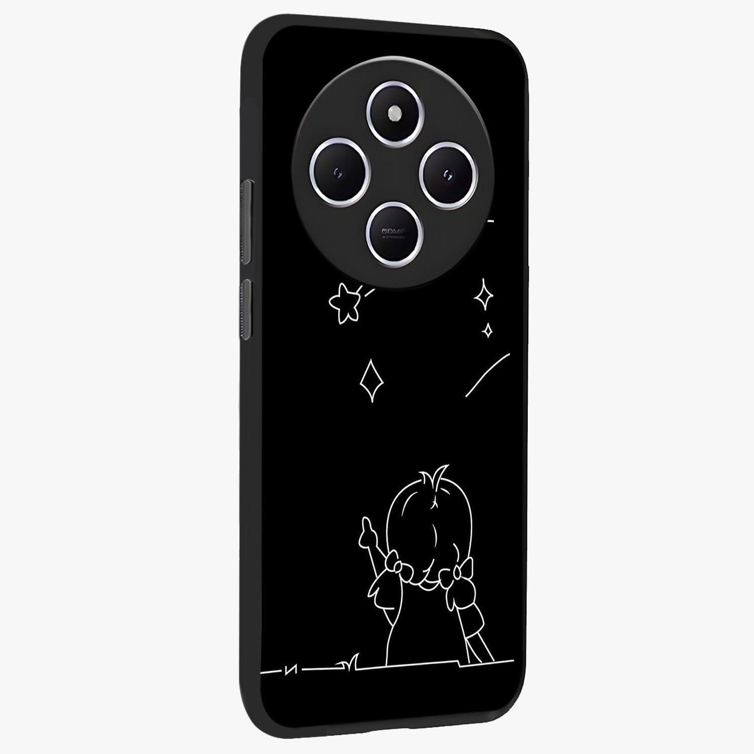 Line Art Girl With Shooting Stars Glass Case upright view showcasing delicate shooting stars artwork with minimal artistic theme.