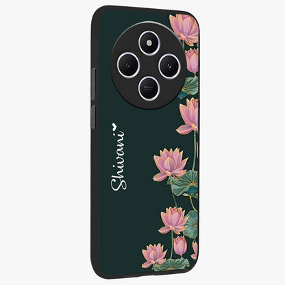 Lotus Bloom Serenity Custom Name Glass Case upright view showcasing serene lotus bloom artwork with personalized floral aesthetic.