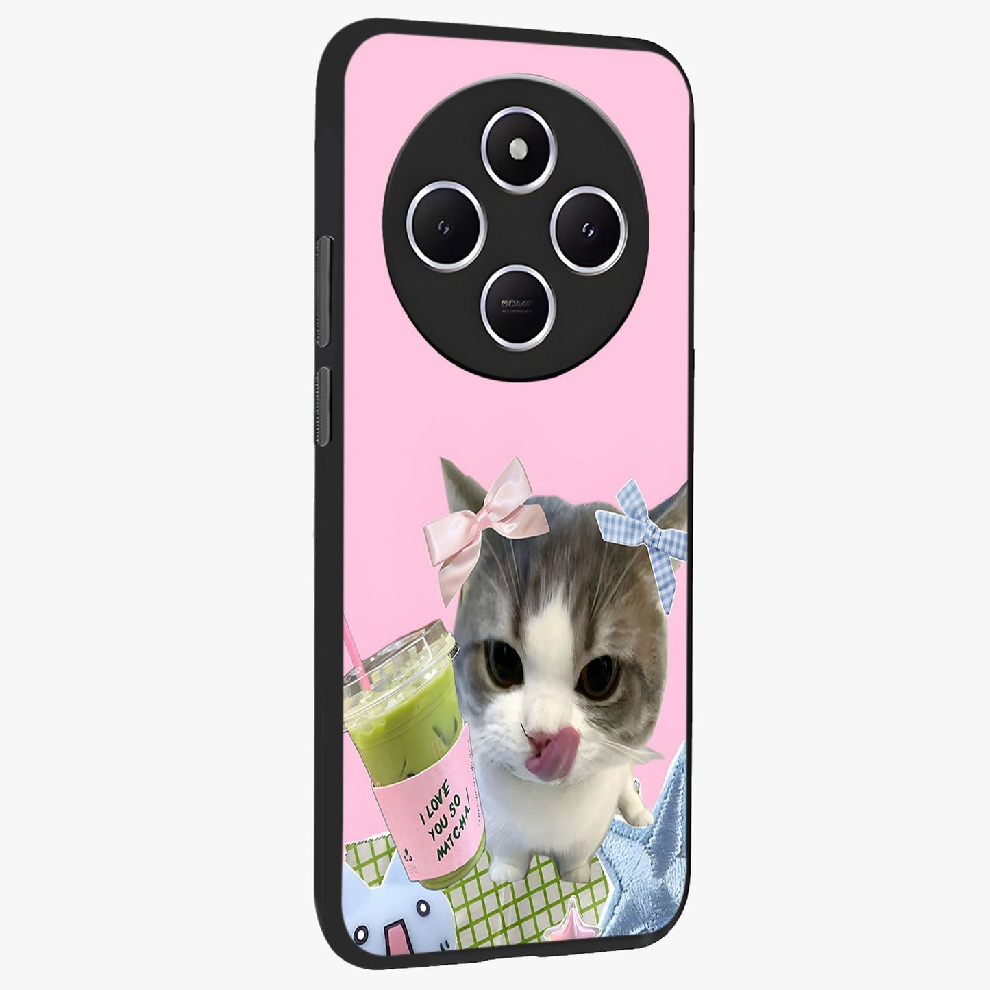 Love Matcha Cat Glass Case upright view showcasing adorable cat artwork with charming matcha themed design.