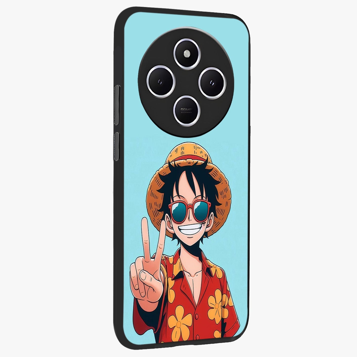 Luffy Summer Anime Vibe Glass Case upright view showcasing dynamic anime artwork with bright adventurous theme.