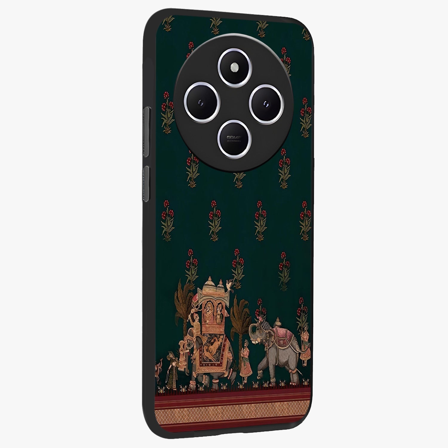 Macmerise Glass Case upright view showcasing bold artistic artwork with contemporary design theme.