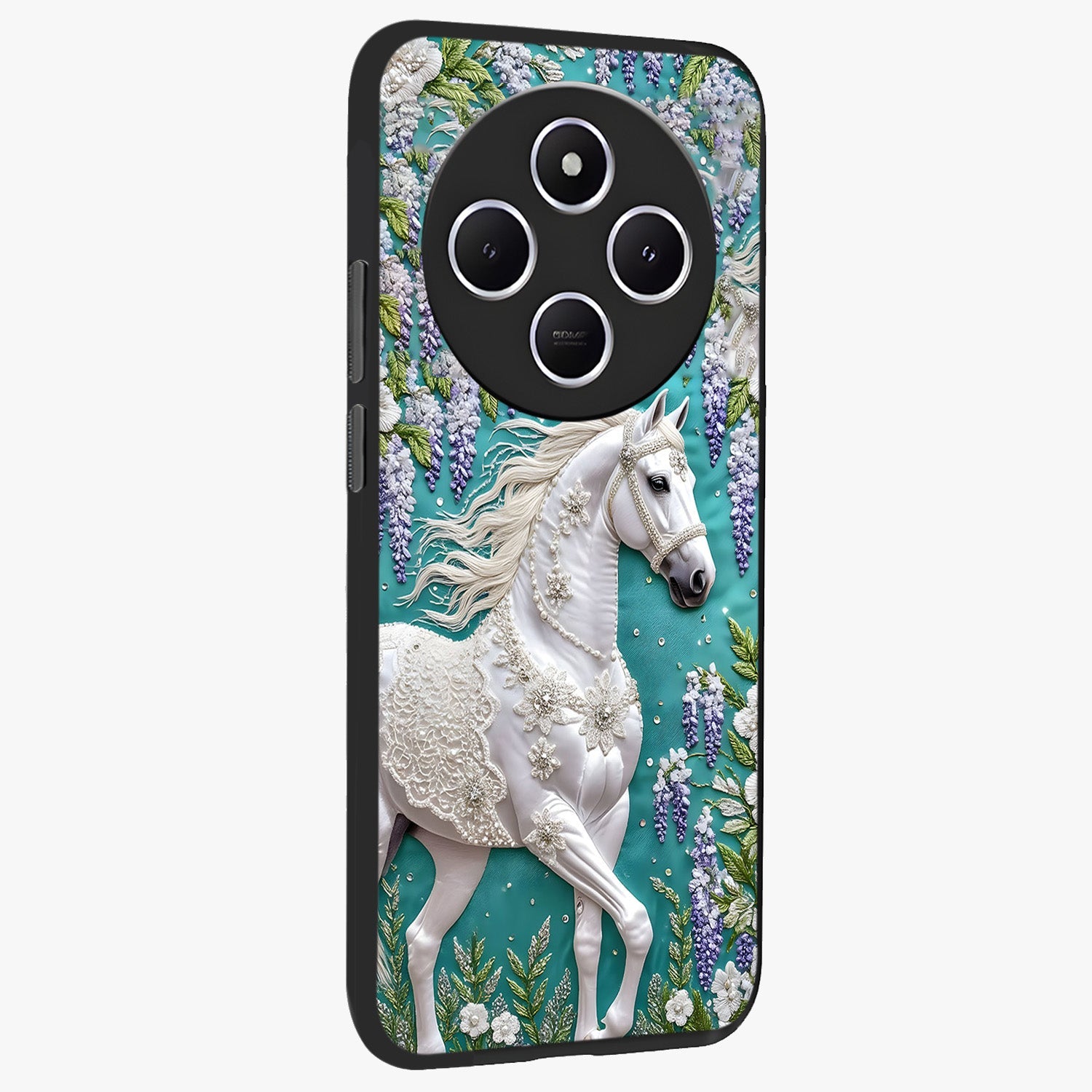 Majestic Floral Stallion Glass Case upright view showcasing dramatic horse artwork with decorative floral theme.
