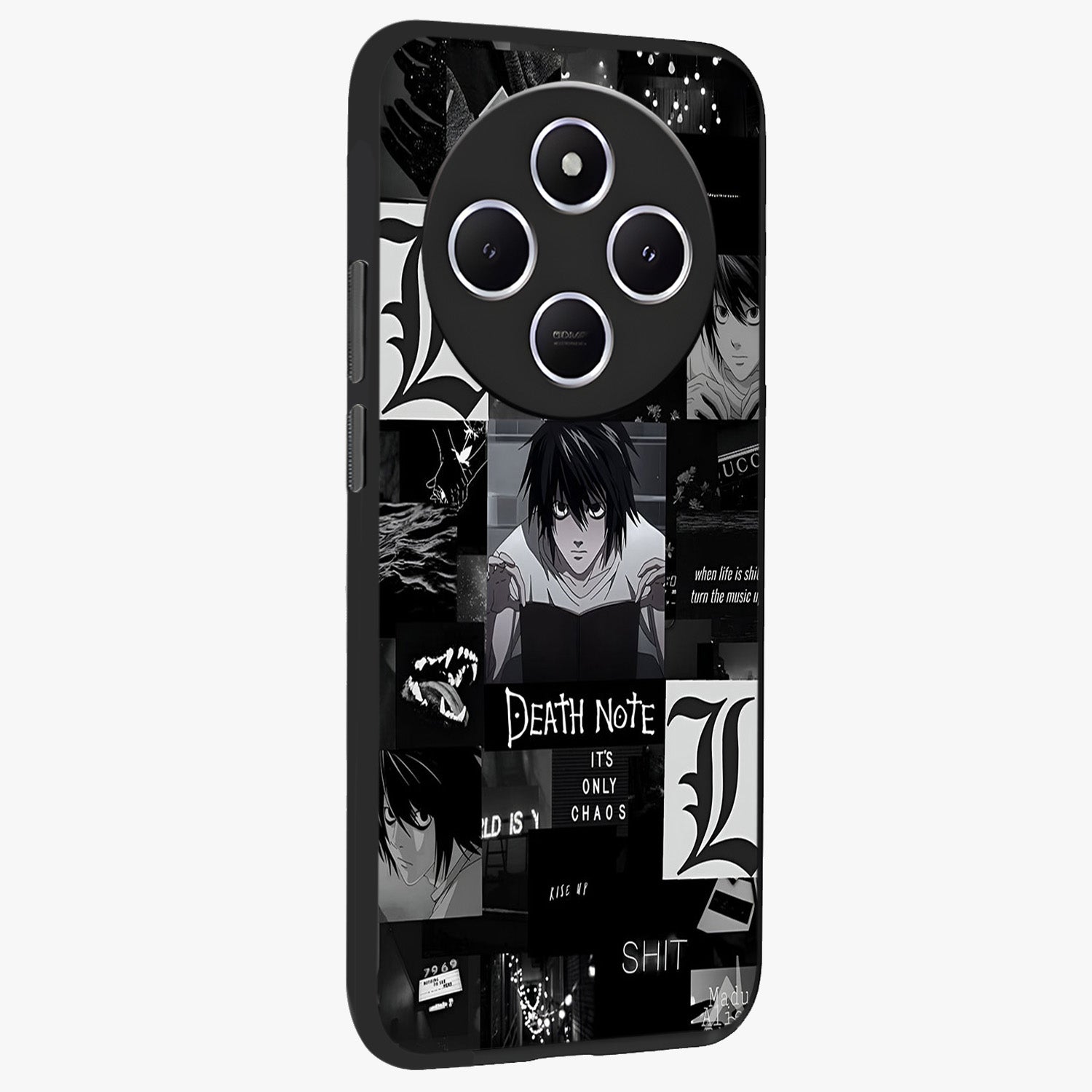 Midnight Chaos Mind Glass Case upright view showcasing expressive abstract artwork with bold dark theme.