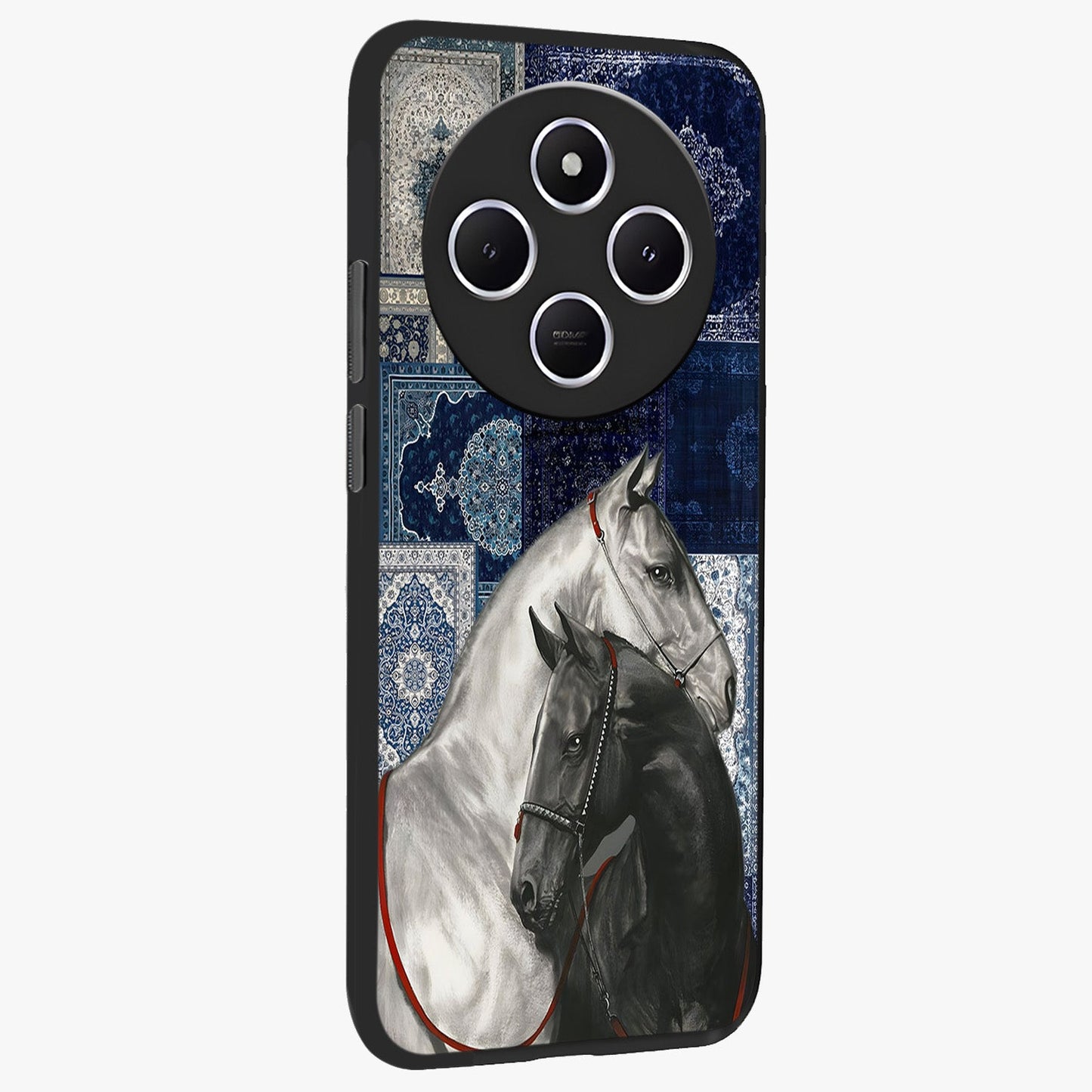 Midnight Stallion Blues Glass Case upright view showcasing dramatic horse artwork with bold artistic theme.