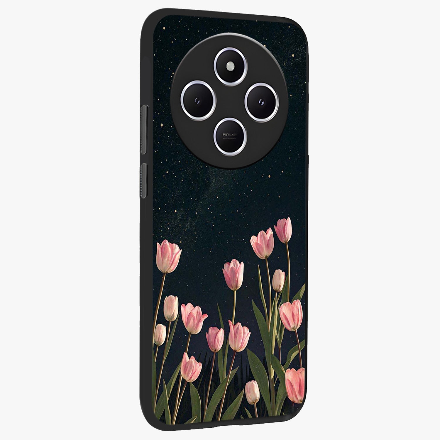 Midnight Tulip Whispers Vibe Glass Case upright view showcasing graceful tulip artwork with calm botanical theme.