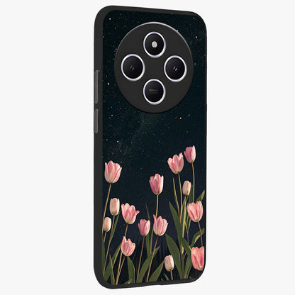Midnight Tulip Whispers Vibe Glass Case upright view showcasing graceful tulip artwork with calm botanical theme.