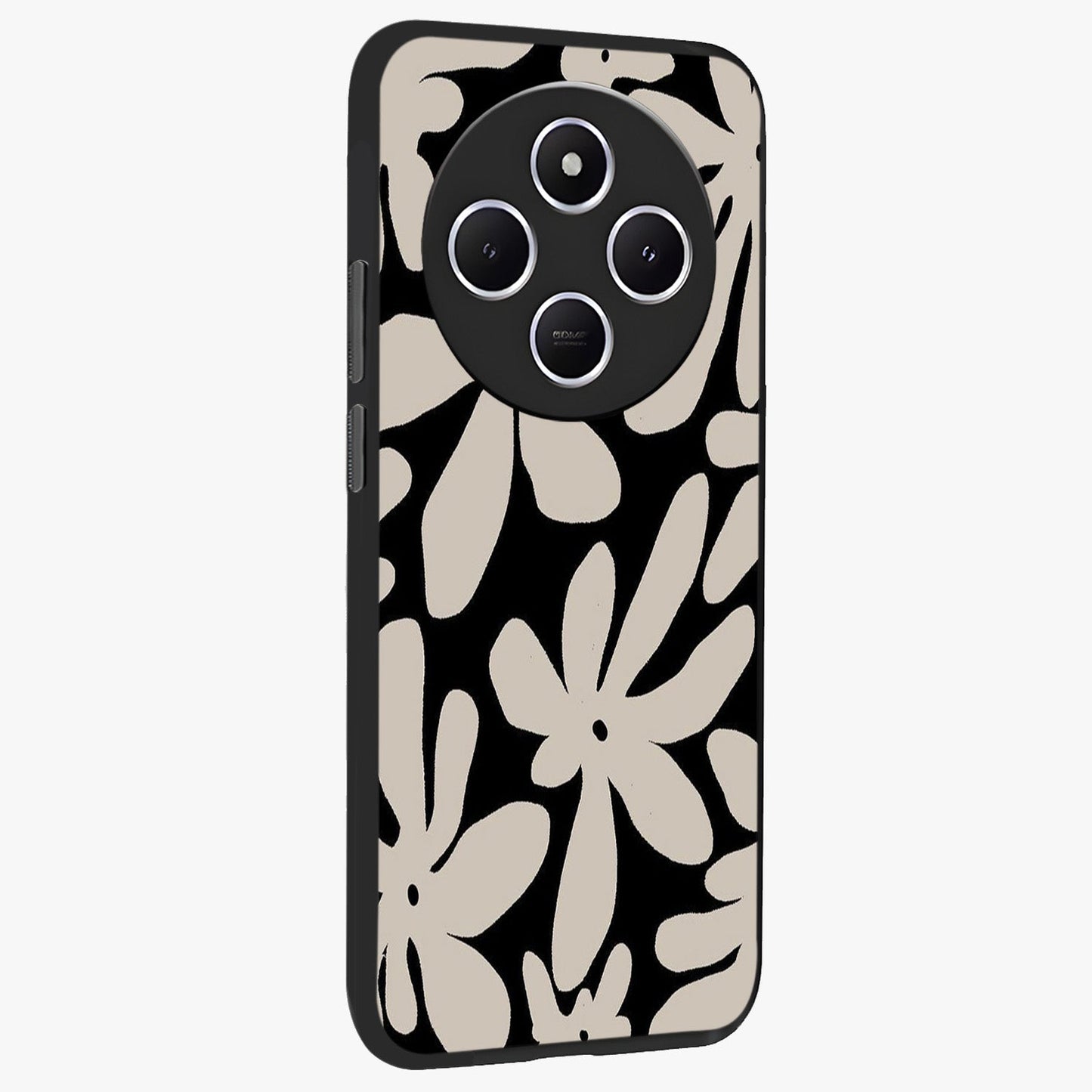 Monochrome Petal Dance Glass Case upright view showcasing artistic floral pattern with stylish monochrome theme.