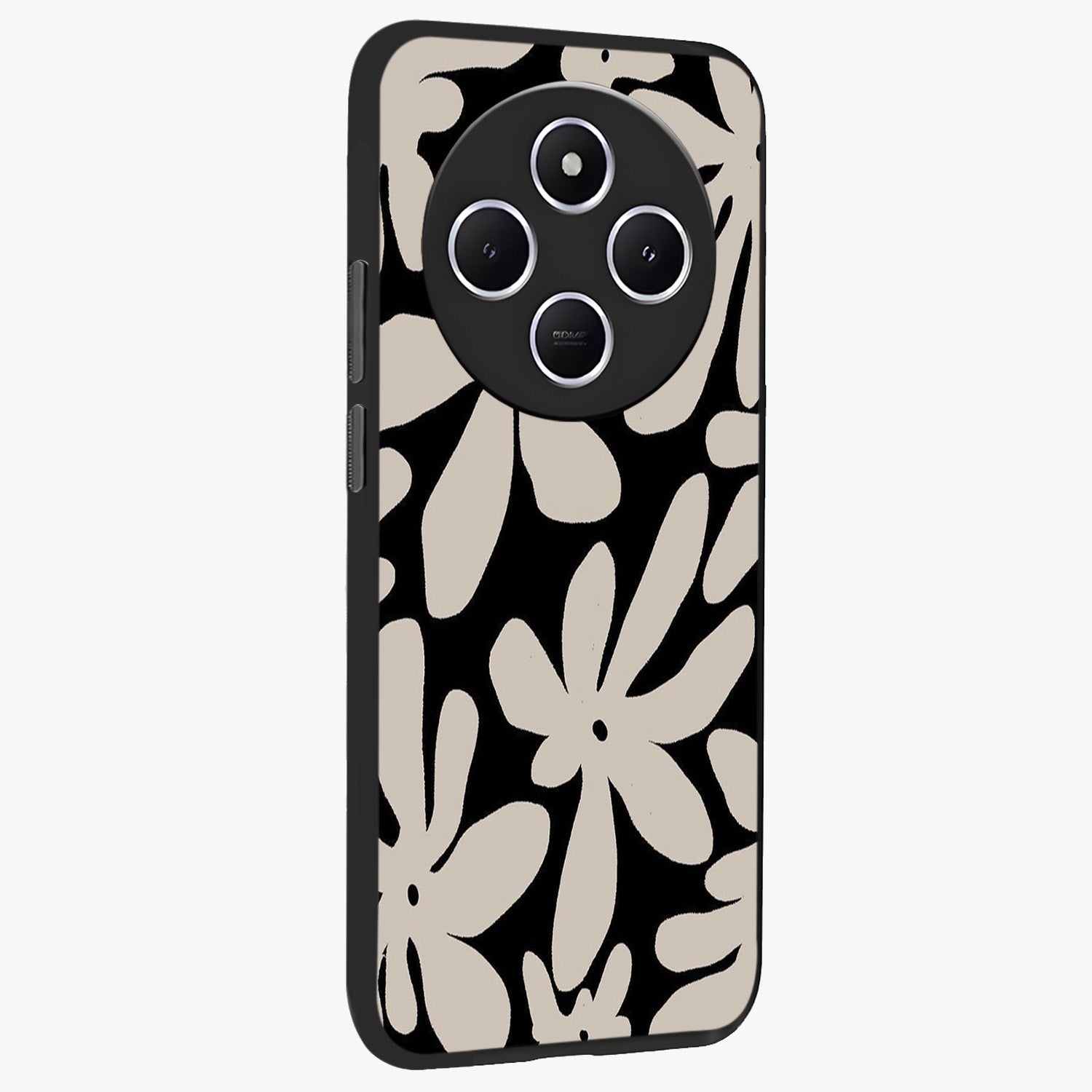 Monochrome Petal Dance Glass Case upright view showcasing artistic floral pattern with stylish monochrome theme.