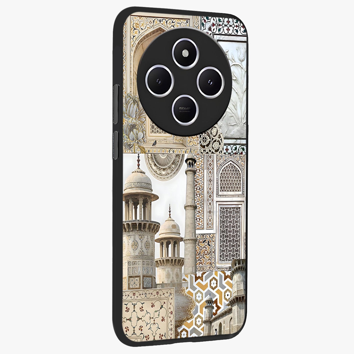Mughal Marble Legacy Glass Case upright view showcasing ornate Mughal design with luxurious traditional theme.
