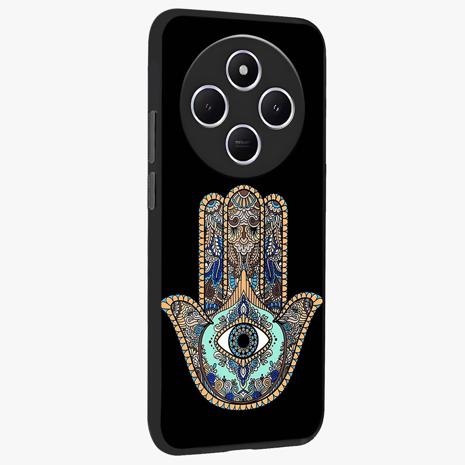 Mystic Hamsa Eye Glass Case upright view showcasing detailed hamsa eye artwork with protective spiritual theme.