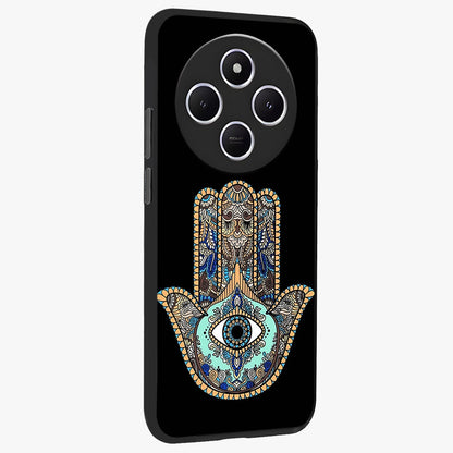 Mystic Hamsa Eye Glass Case upright view showcasing detailed hamsa eye artwork with protective spiritual theme.