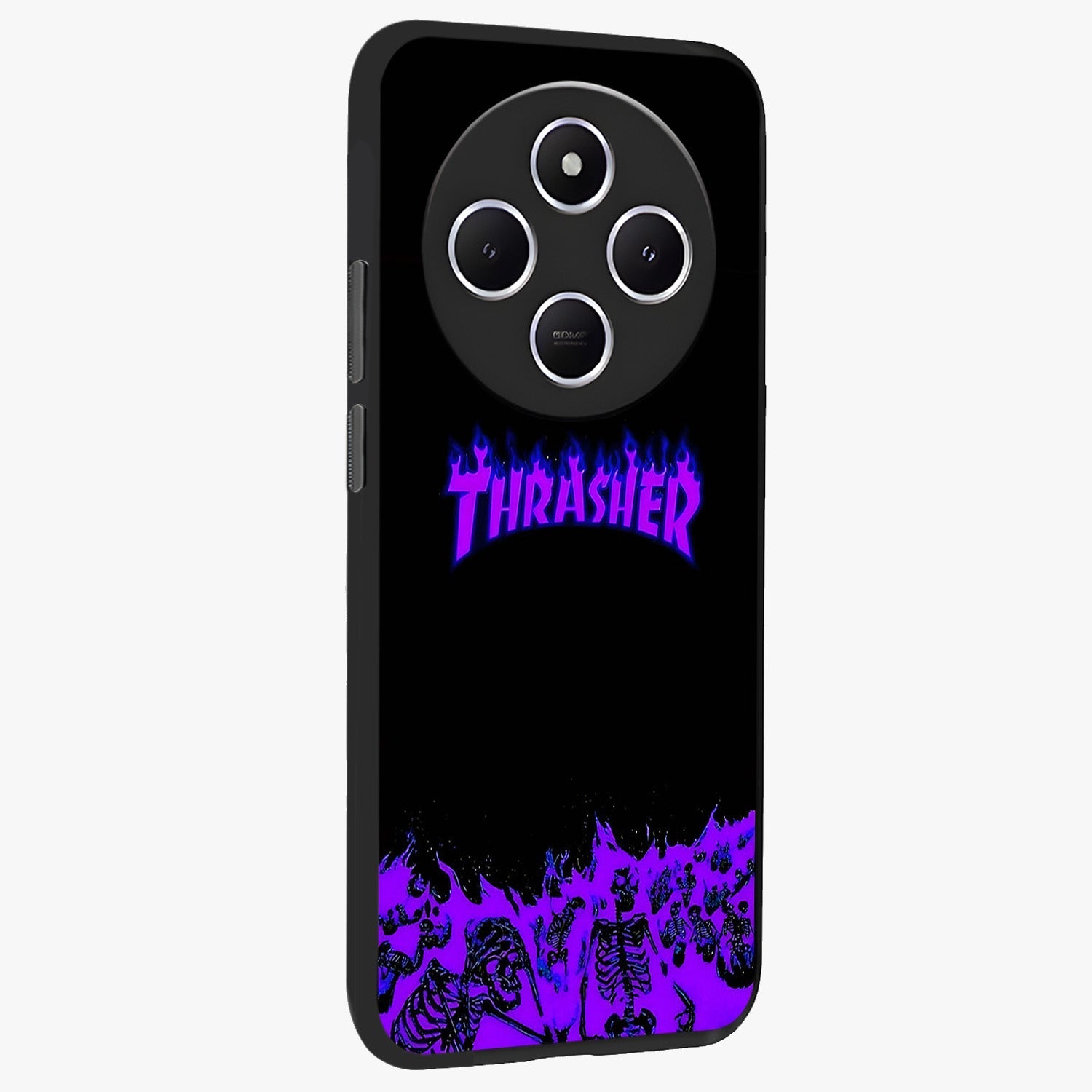 Neon Flame Riot Glass Case upright view showcasing dynamic flame artwork with energetic neon theme.