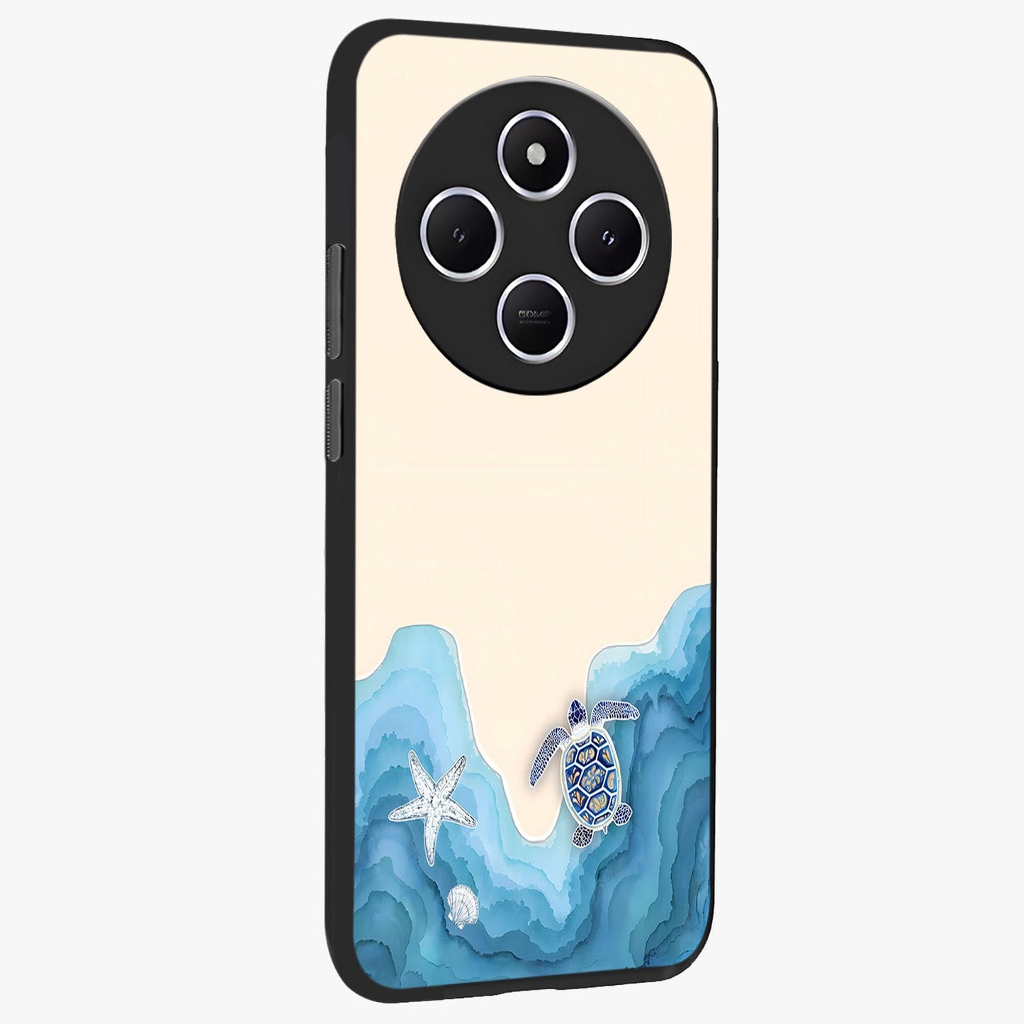 Ocean Drift Turtle Glass Case upright view showcasing calm underwater turtle artwork with nature inspired theme.