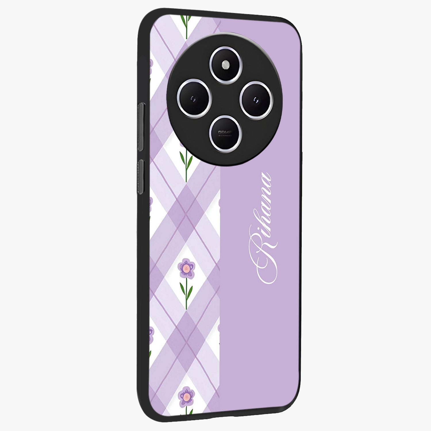 Purple Diamond Floral Glass Case upright view showcasing vibrant floral artwork with stylish geometric theme.