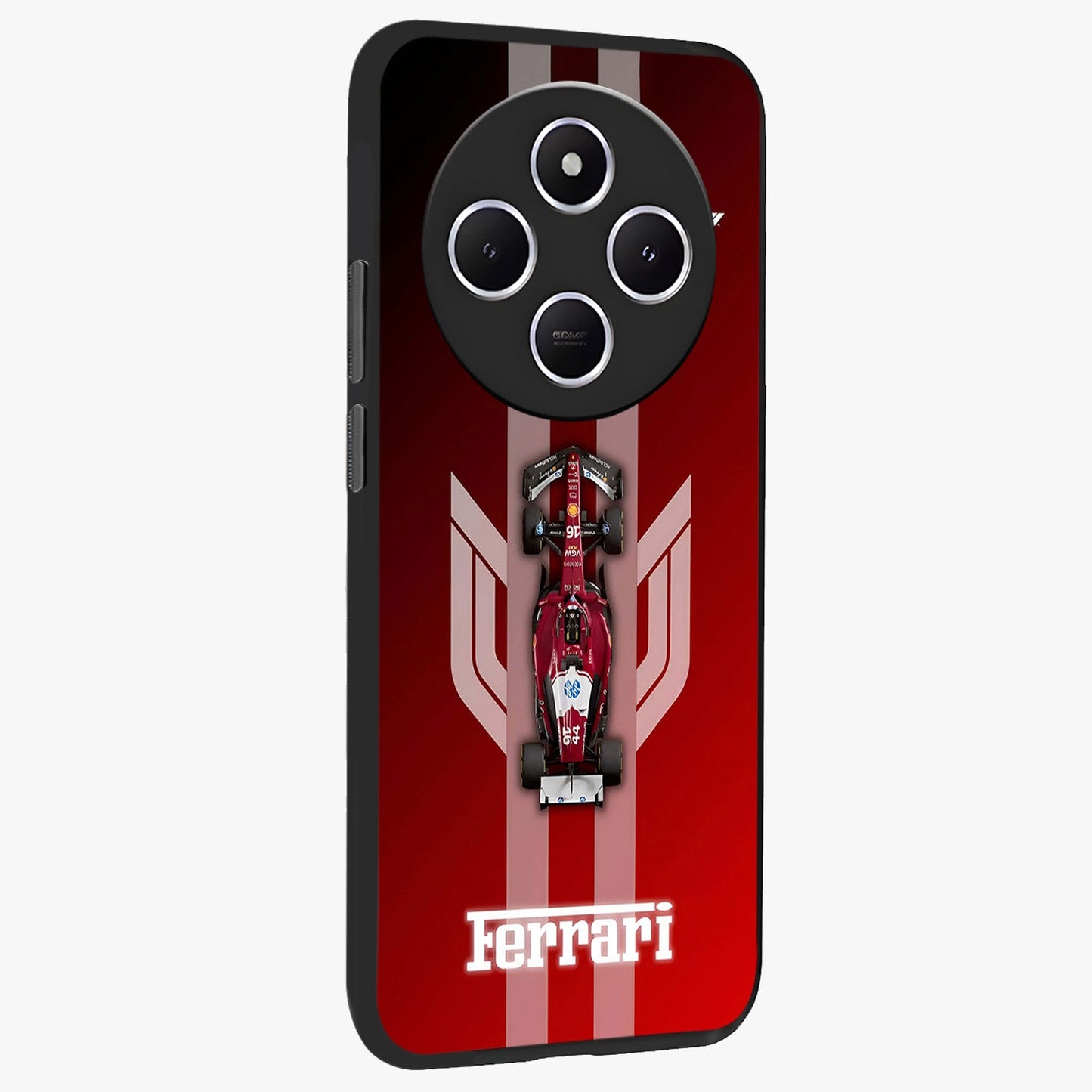 Red Ferrari F1 Vertical Glass Case upright view showcasing powerful Formula car artwork with dynamic motorsport theme.