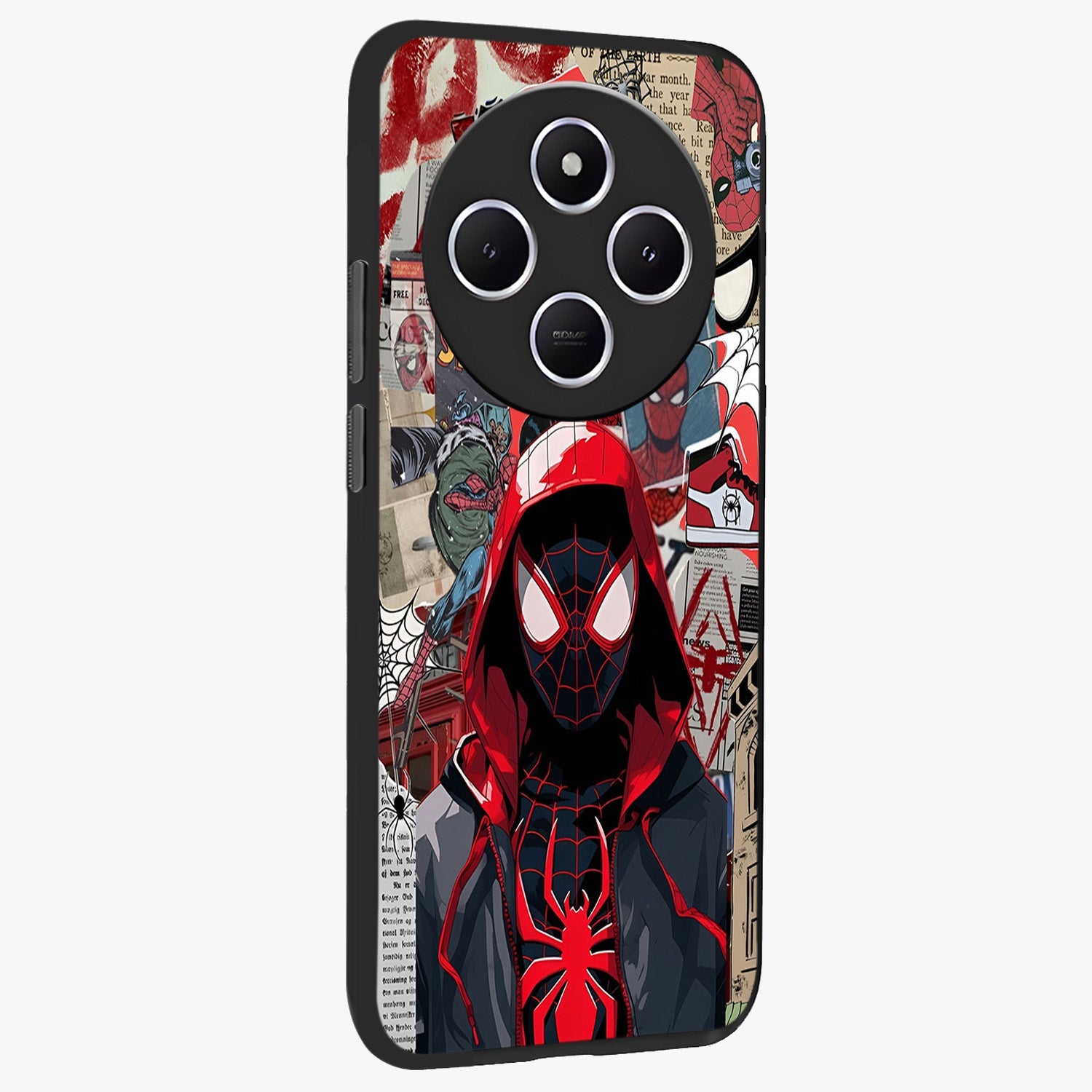 Spider Collage Street Glass Case upright view showcasing bold superhero artwork with urban street theme.