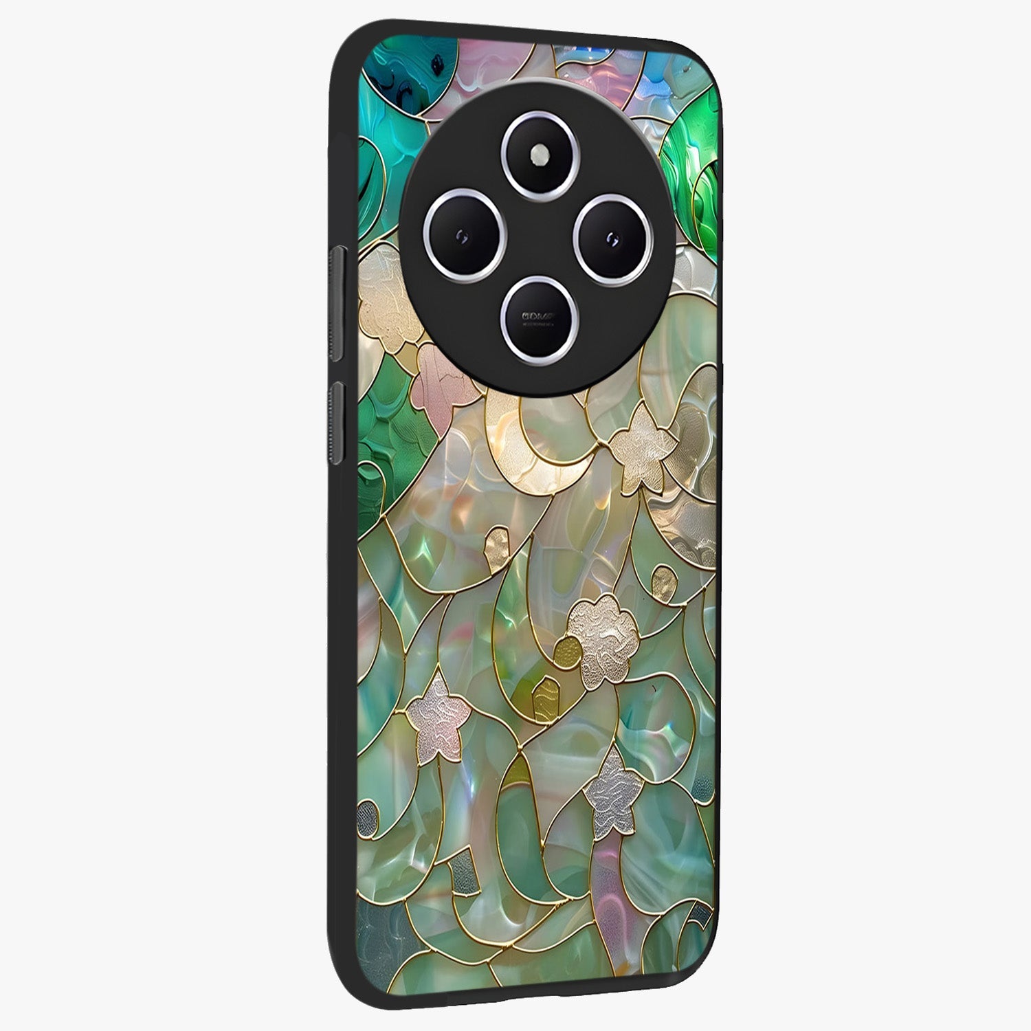 Stained Sunrise Glow Glass Case upright view showcasing colorful sunrise artwork with warm morning theme.